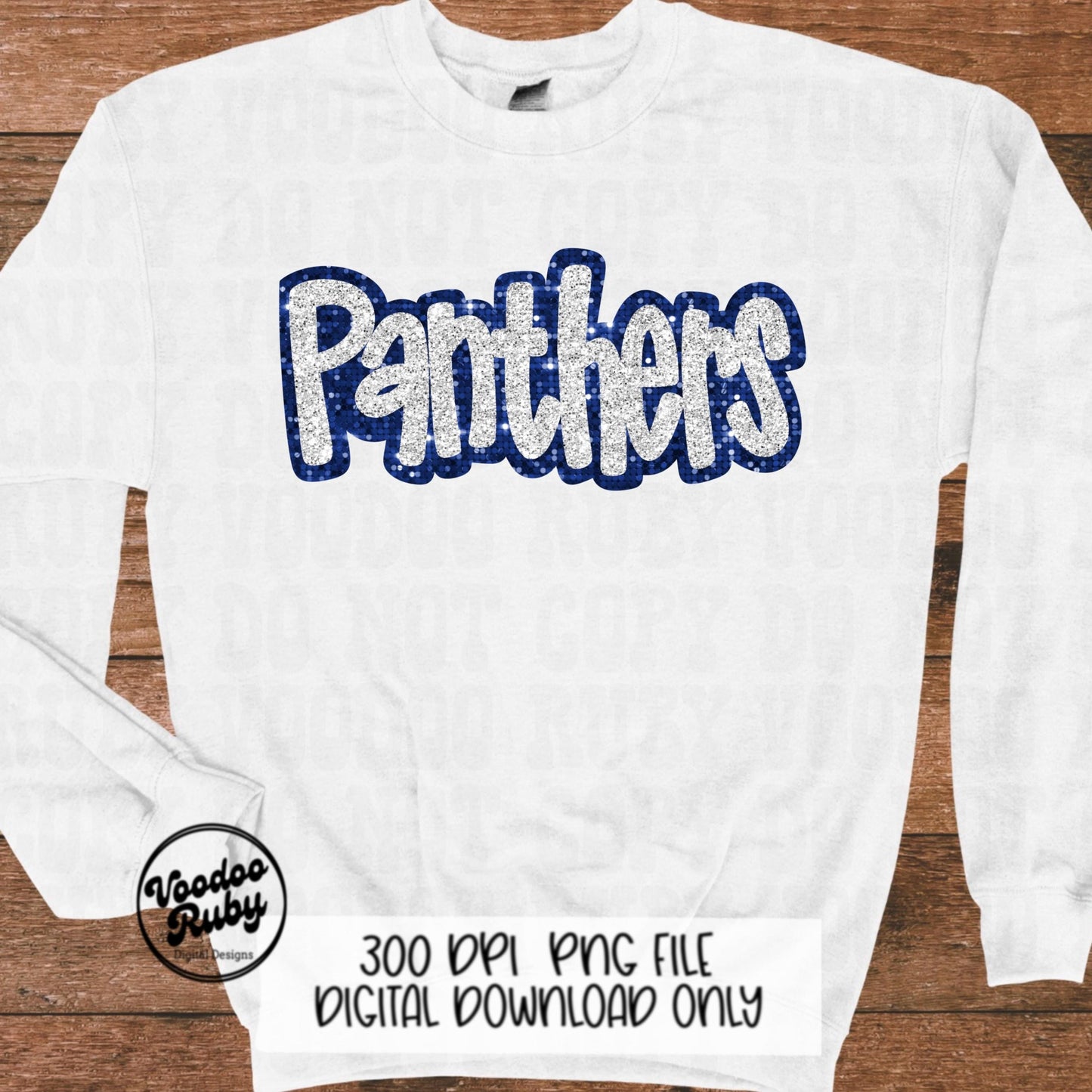Panthers Mascot Design PNG Sublimation Glitter Hand Drawn Digital Download Faux Sequins Patch Faux Appliqué Blue White Panthers Football