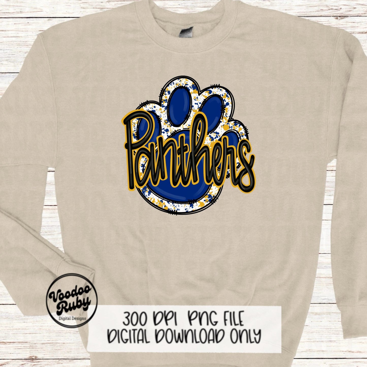 Panthers PNG Design Sublimation Hand Drawn Digital Download Football PNG Paw Blue Yellow Gold Panthers Football DTF Mascot Printable