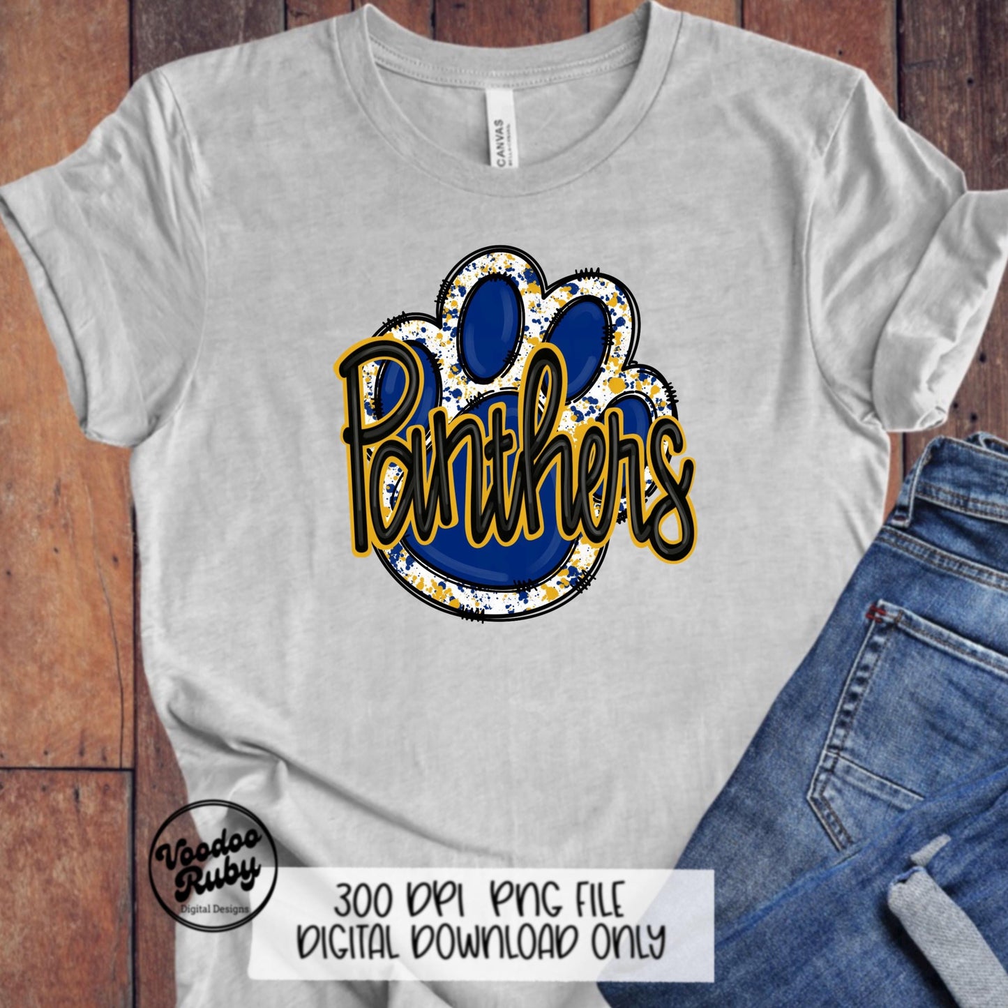 Panthers PNG Design Sublimation Hand Drawn Digital Download Football PNG Paw Blue Yellow Gold Panthers Football DTF Mascot Printable