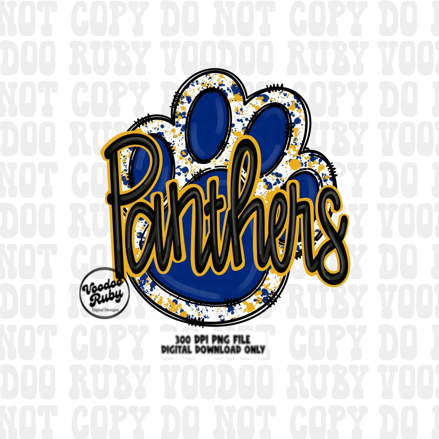 Panthers PNG Design Sublimation Hand Drawn Digital Download Football PNG Paw Blue Yellow Gold Panthers Football DTF Mascot Printable