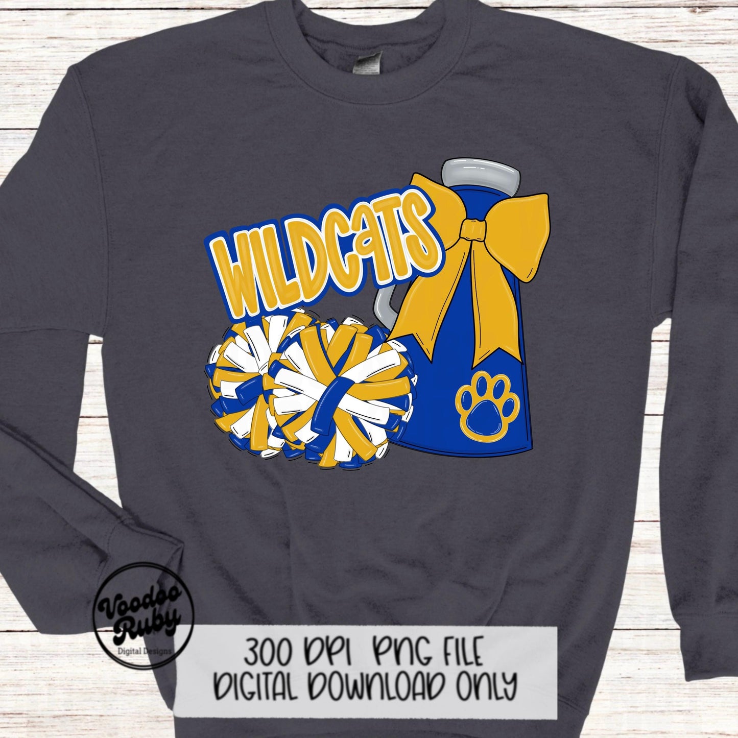 Wildcats Cheer PNG Design Sublimation Hand Drawn Digital Download Football PNG Blue Yellow Gold Wildcats png Paw Print Mascot DTF Printable