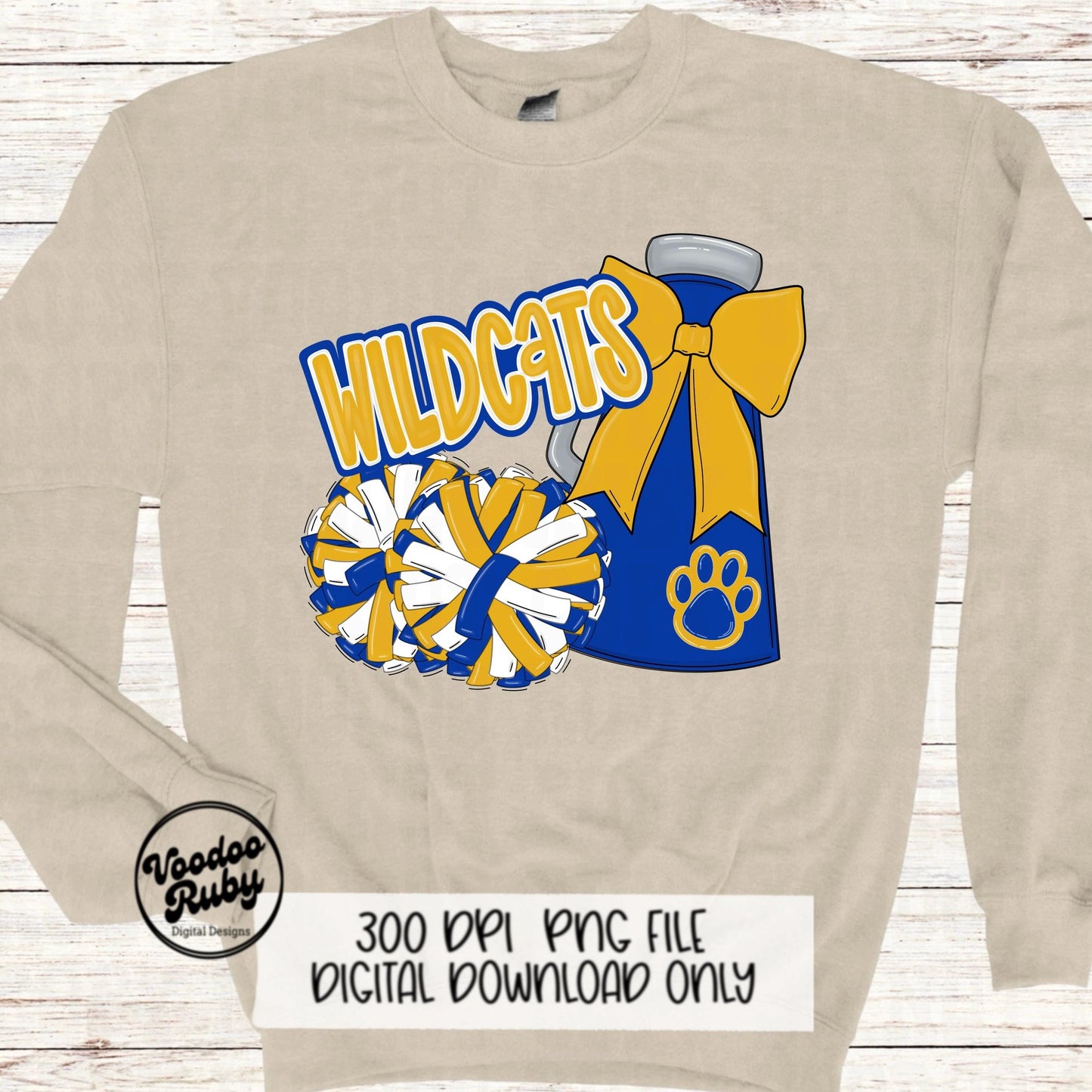 Wildcats Cheer PNG Design Sublimation Hand Drawn Digital Download Football PNG Blue Yellow Gold Wildcats png Paw Print Mascot DTF Printable