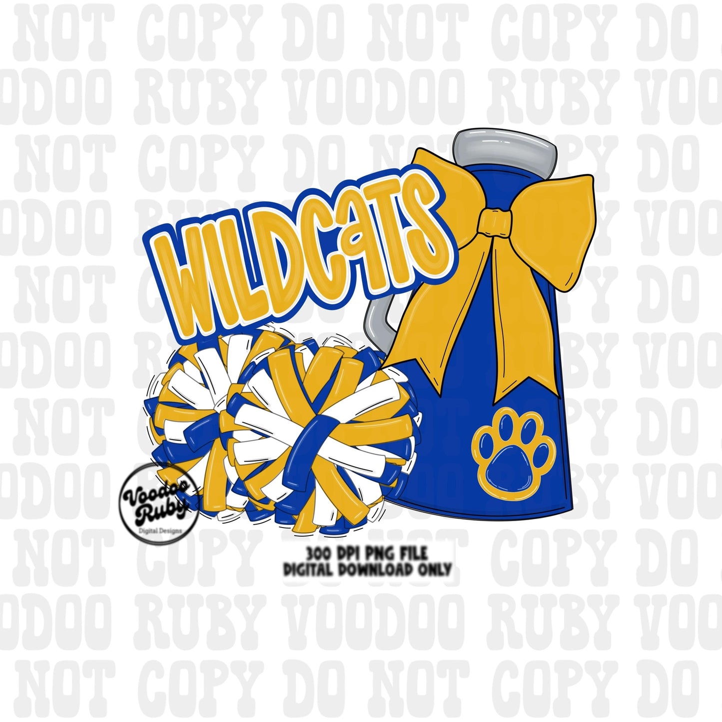 Wildcats Cheer PNG Design Sublimation Hand Drawn Digital Download Football PNG Blue Yellow Gold Wildcats png Paw Print Mascot DTF Printable