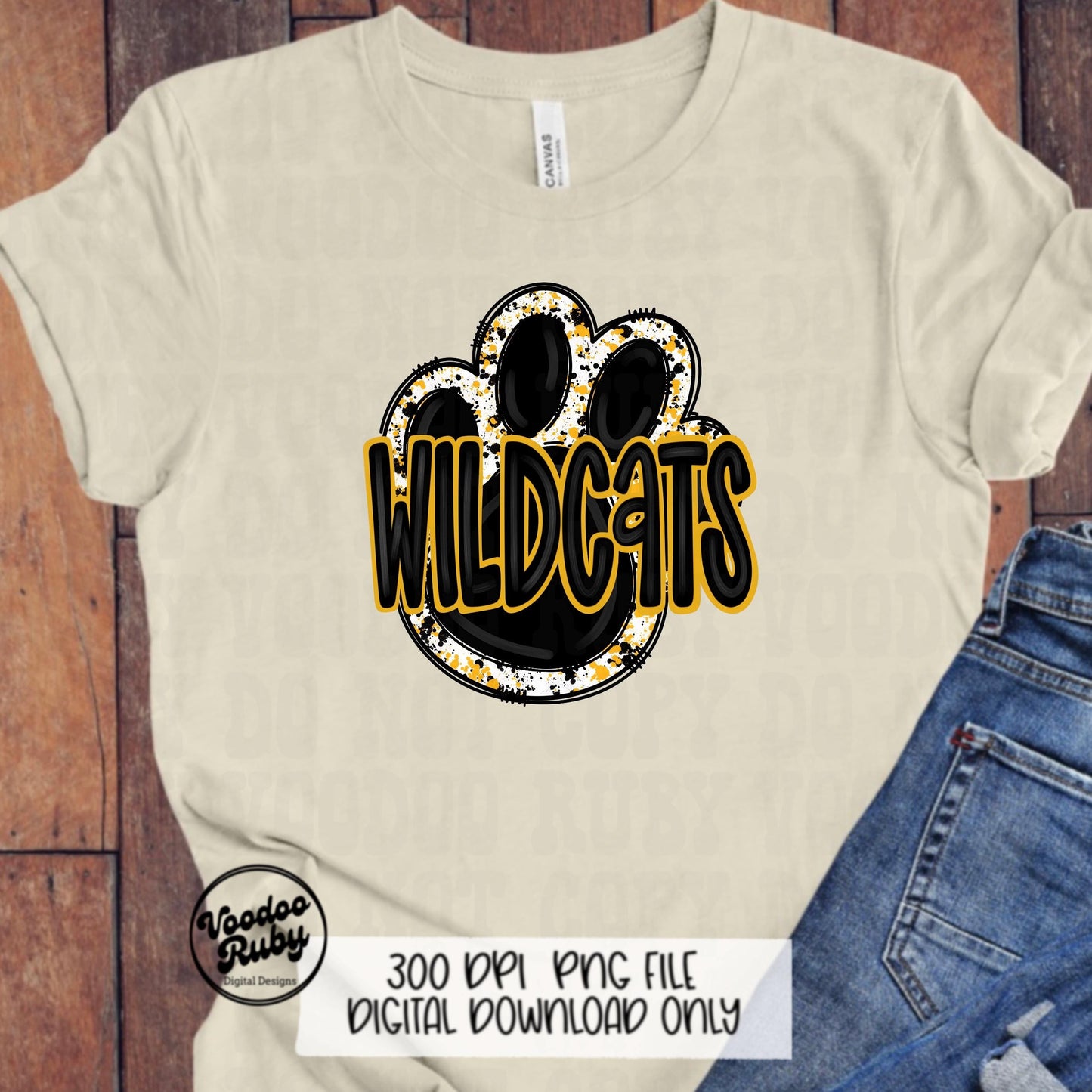 Wildcats PNG Design Sublimation Hand Drawn Digital Download Football Yellow Gold Wildcats Paw Print PNG DTF Printable Mascot Clip Art