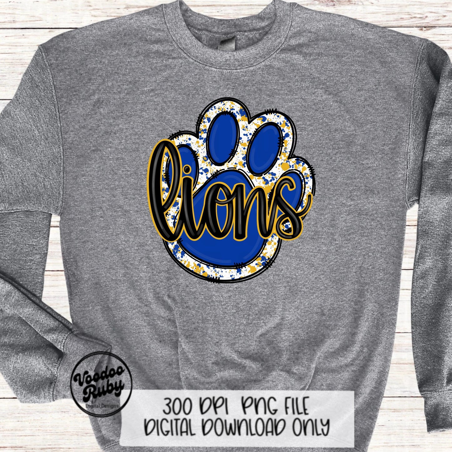 Lions PNG Design Sublimation Hand Drawn Digital Download Football PNG Paw Blue Gold Lions Football Mascot DTF Printable