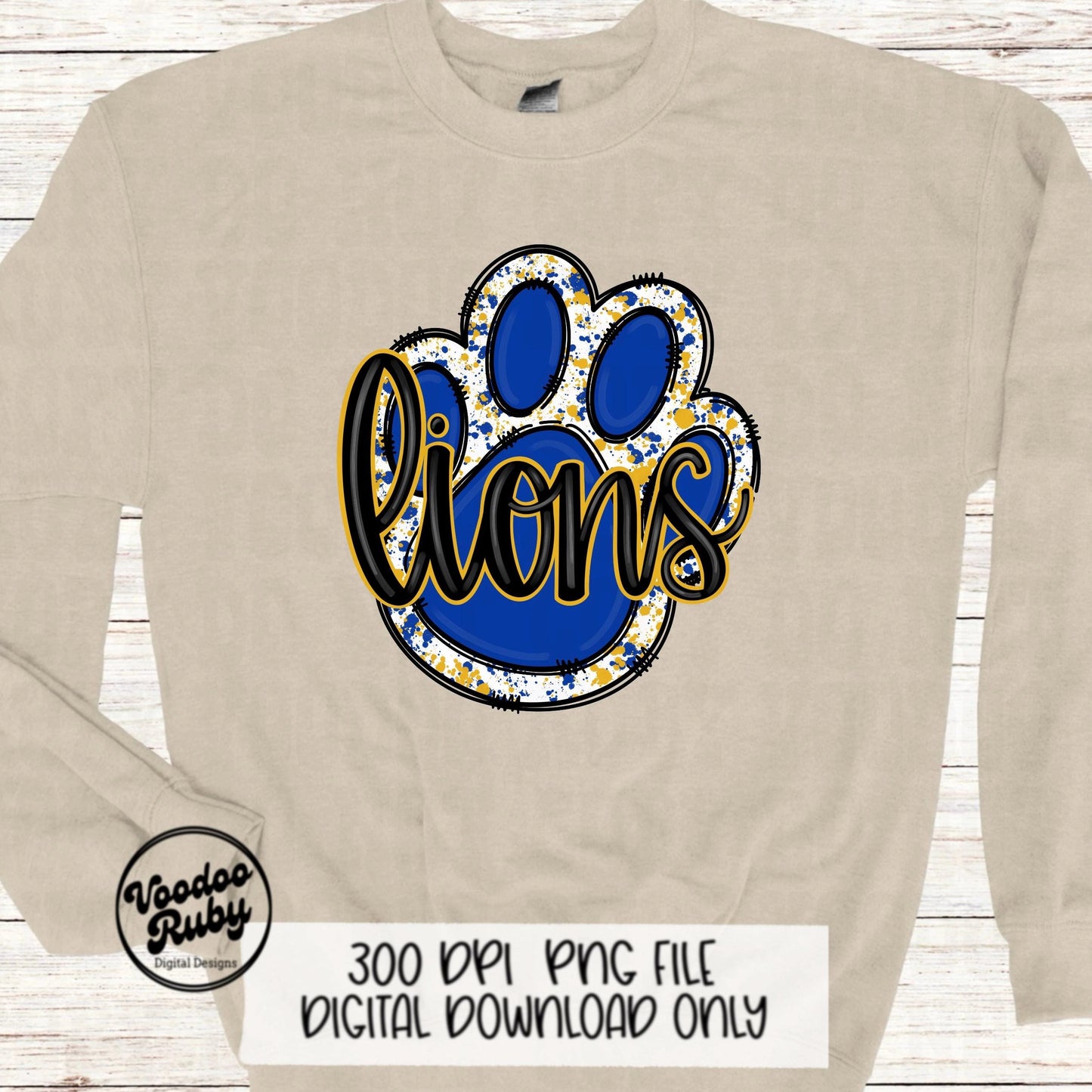 Lions PNG Design Sublimation Hand Drawn Digital Download Football PNG Paw Blue Gold Lions Football Mascot DTF Printable