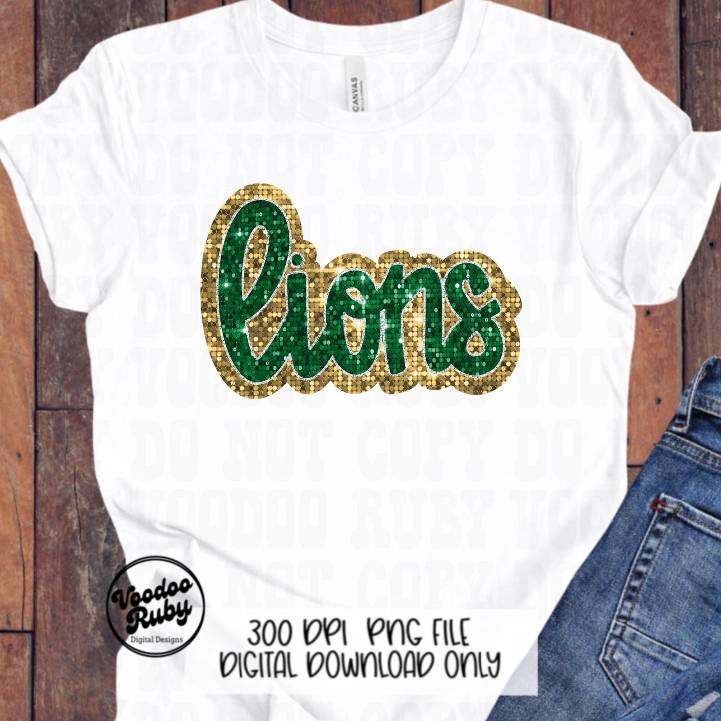 Green Gold Lions PNG Design Sequins Sublimation Hand Drawn Digital Download Faux Patch Printable Appliqué Lions Football Mascot DTF