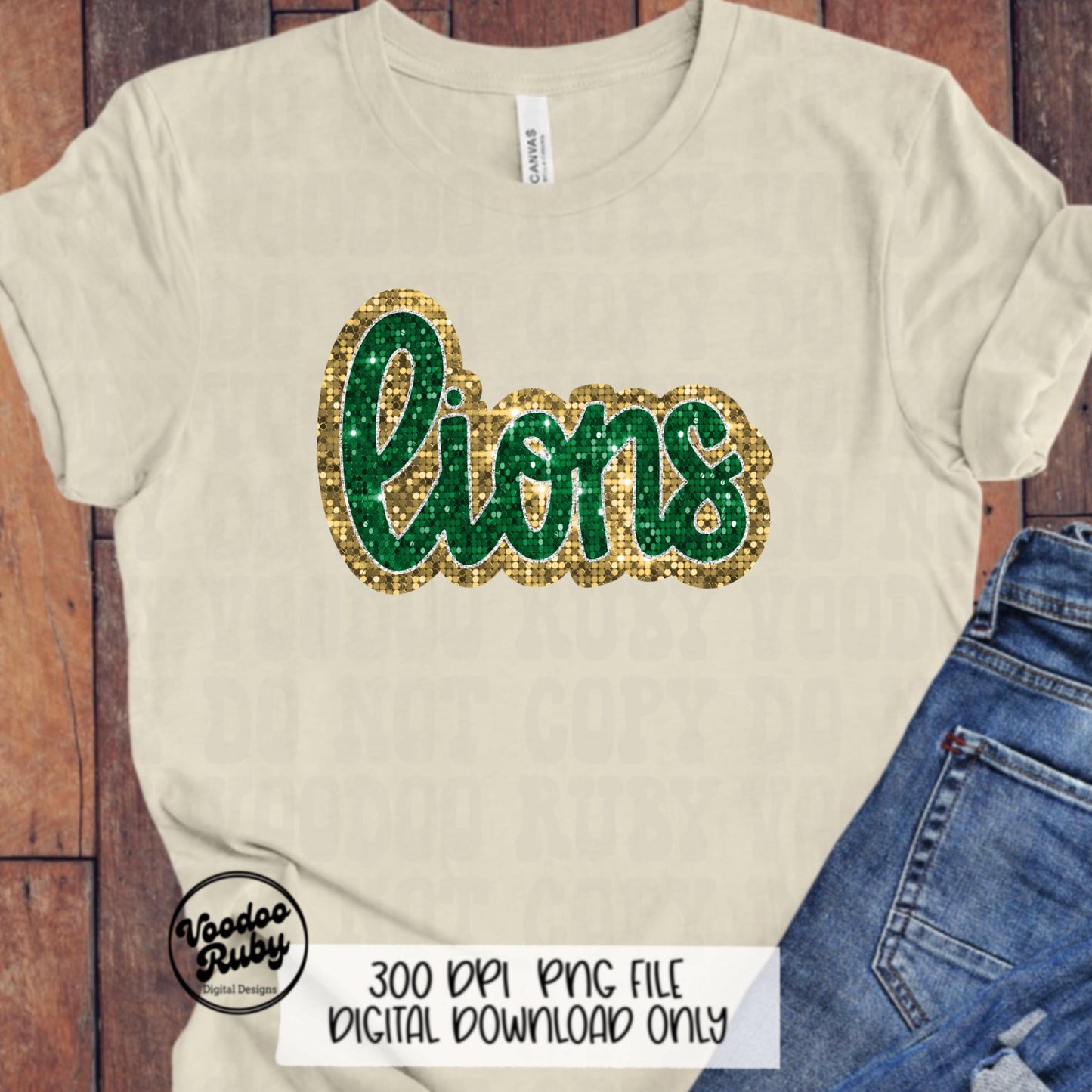 Green Gold Lions PNG Design Sequins Sublimation Hand Drawn Digital Download Faux Patch Printable Appliqué Lions Football Mascot DTF