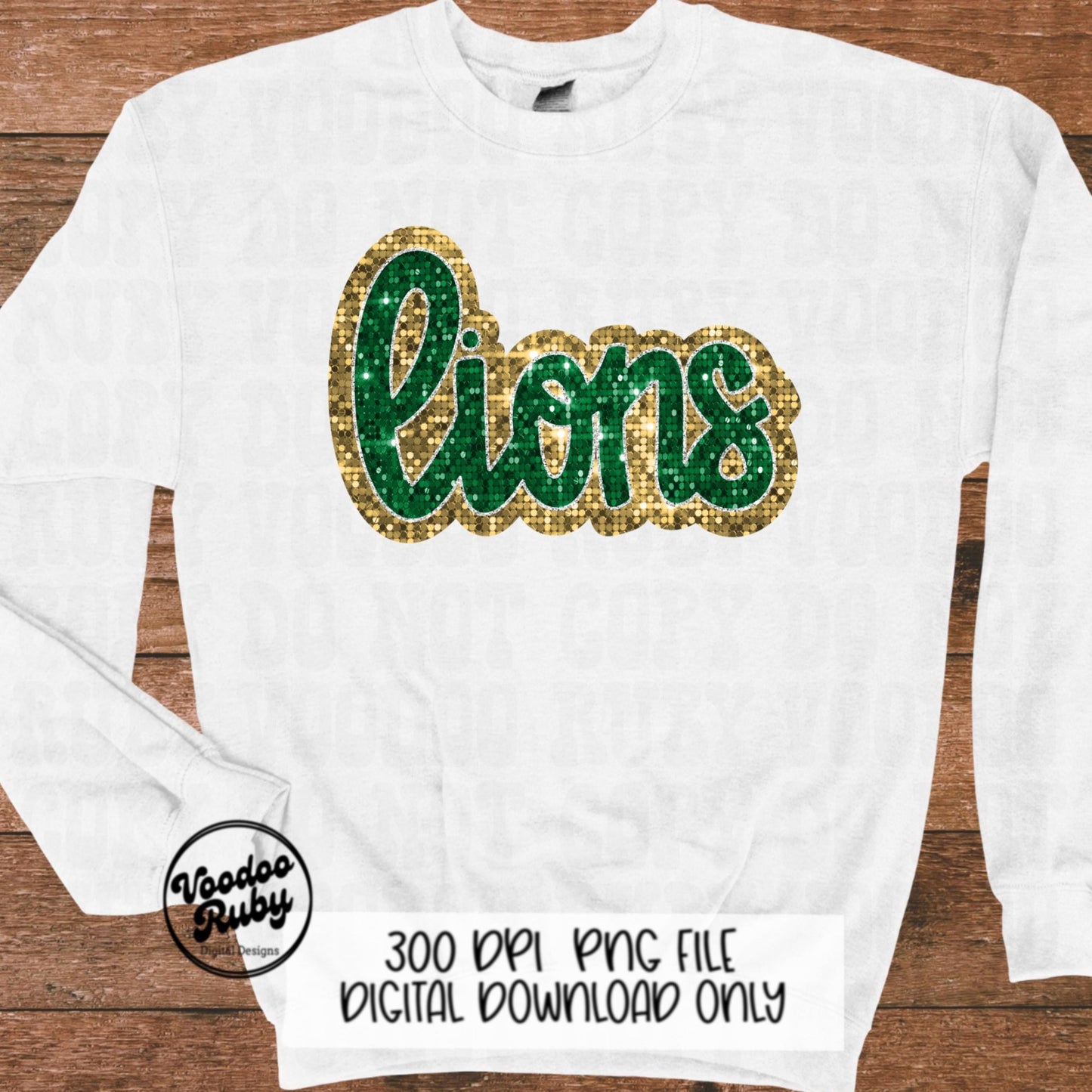 Green Gold Lions PNG Design Sequins Sublimation Hand Drawn Digital Download Faux Patch Printable Appliqué Lions Football Mascot DTF