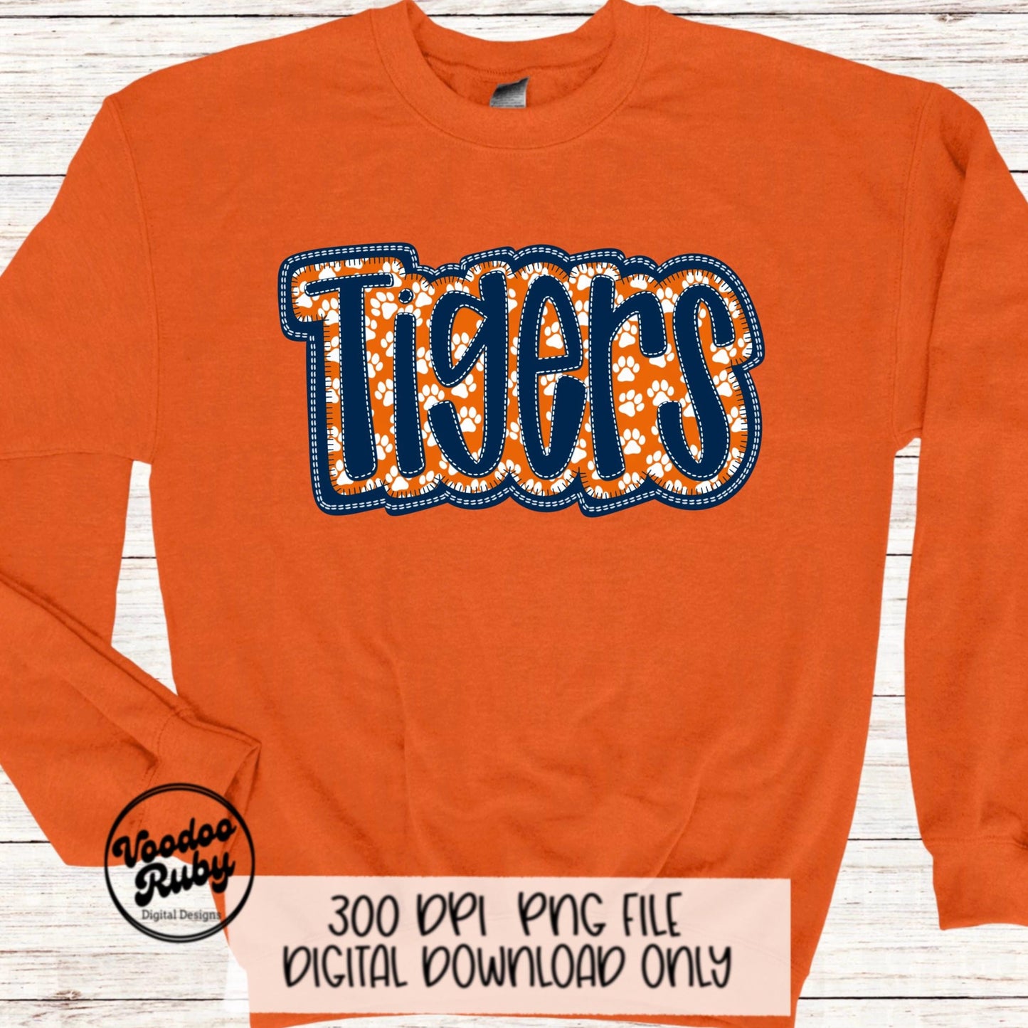 Tigers Mascot PNG: Blue Orange Faux Embroidery Design (Digital Download)