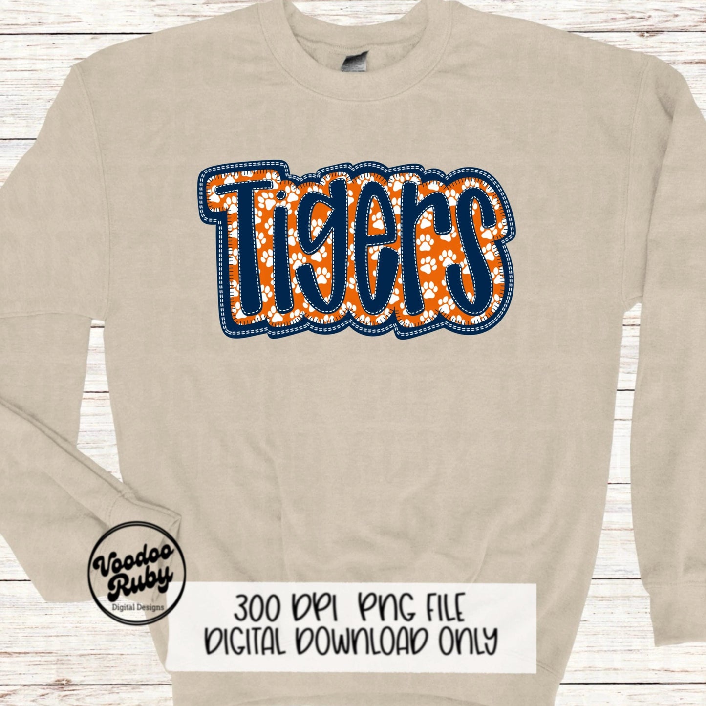 Tigers Mascot PNG: Blue Orange Faux Embroidery Design (Digital Download)