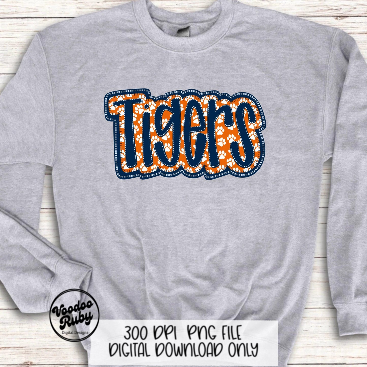 Tigers Mascot PNG: Blue Orange Faux Embroidery Design (Digital Download)