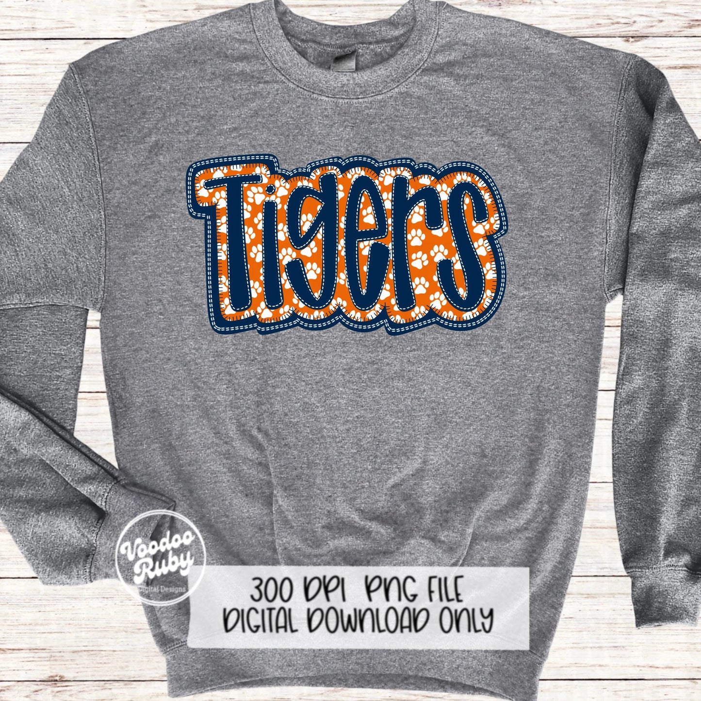 Tigers Mascot PNG: Blue Orange Faux Embroidery Design (Digital Download)