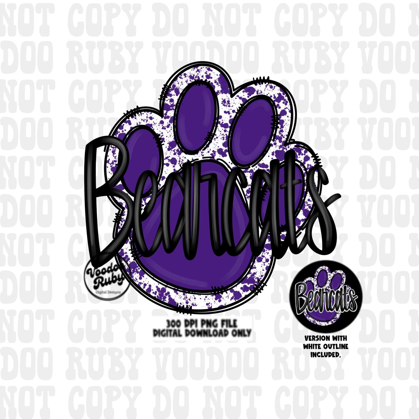 Bearcats PNG Design Sublimation Hand Drawn Digital Download Football PNG Purple Bearcats Paw Print DTF Printable Clip Art School Mascot