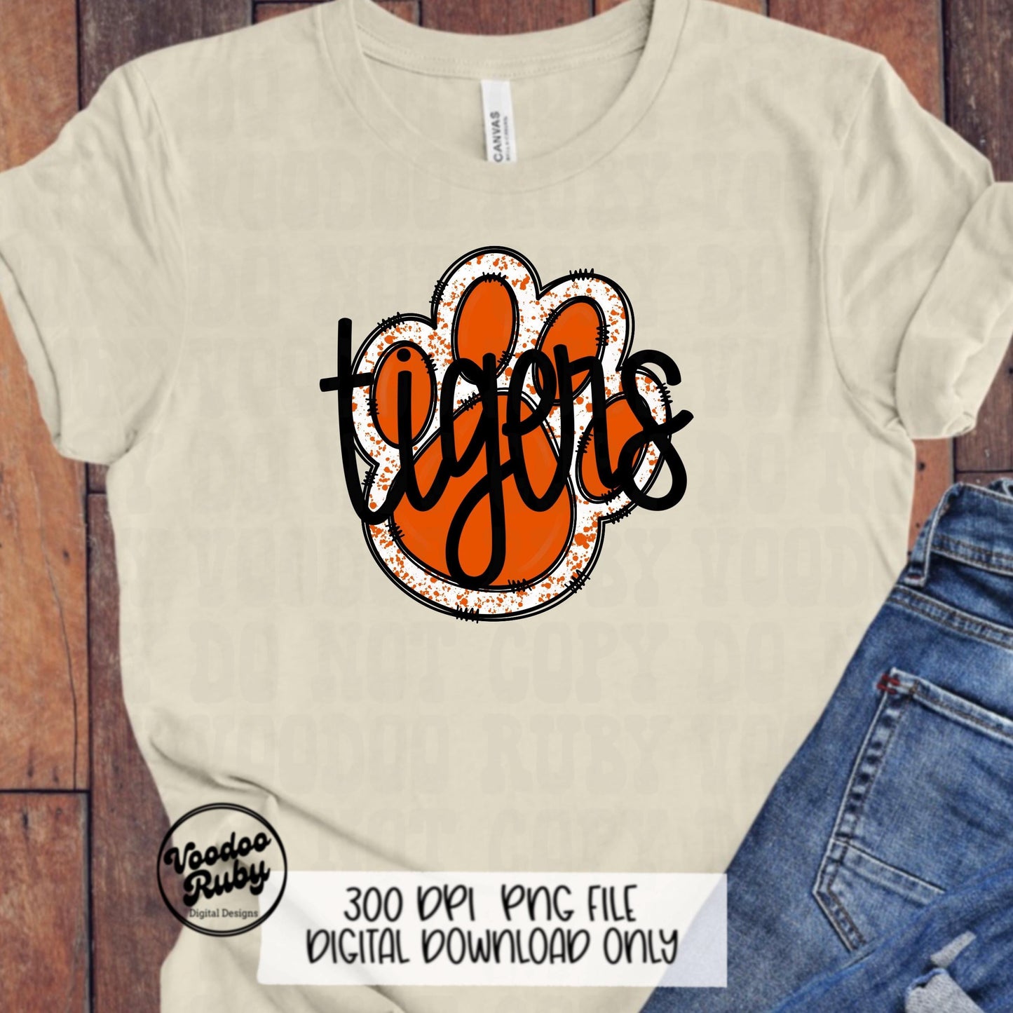 Tigers PNG Design Hand Drawn Digital Download Sublimation Football PNG Paw Print Design Orange Tigers Clip Art Football DTF Printable