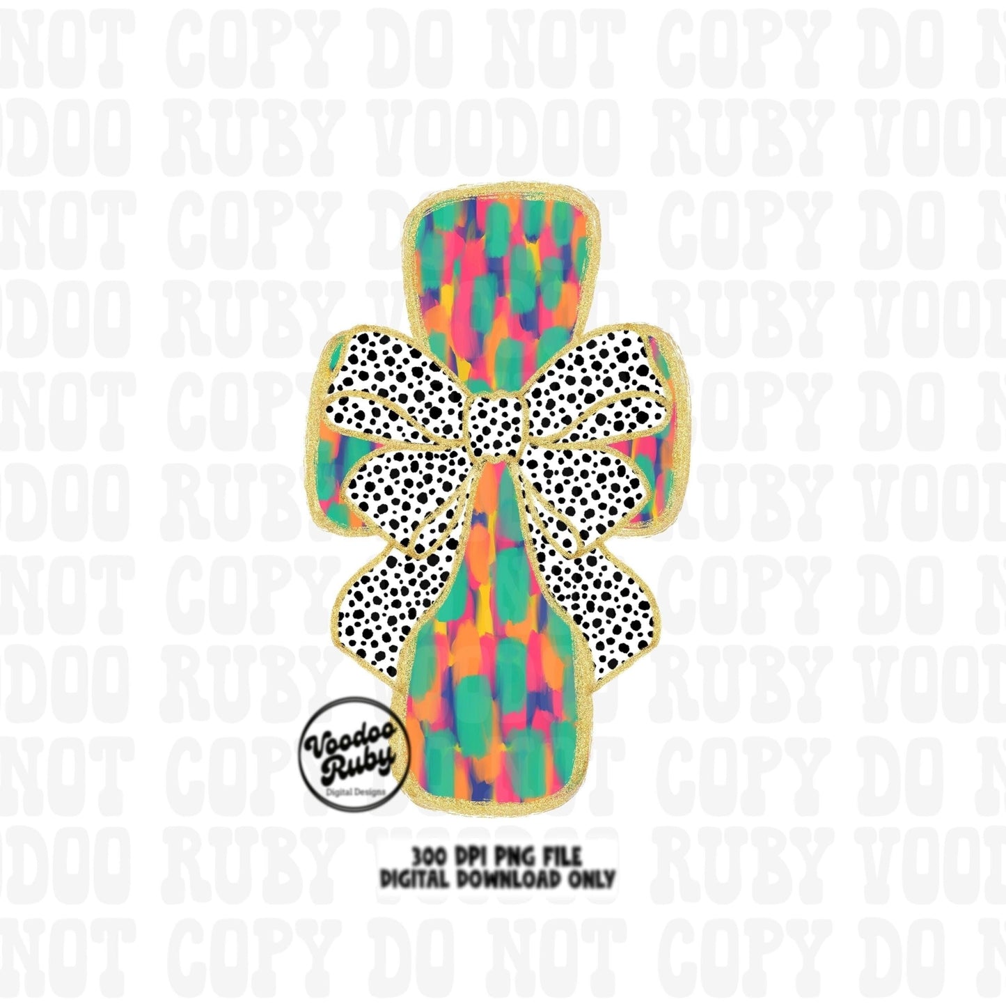 Easter Cross Painted PNG Design, Cute Bow Christian Hand Drawn Digital Download, Printable Gold Glitter Jesus Clip Art
