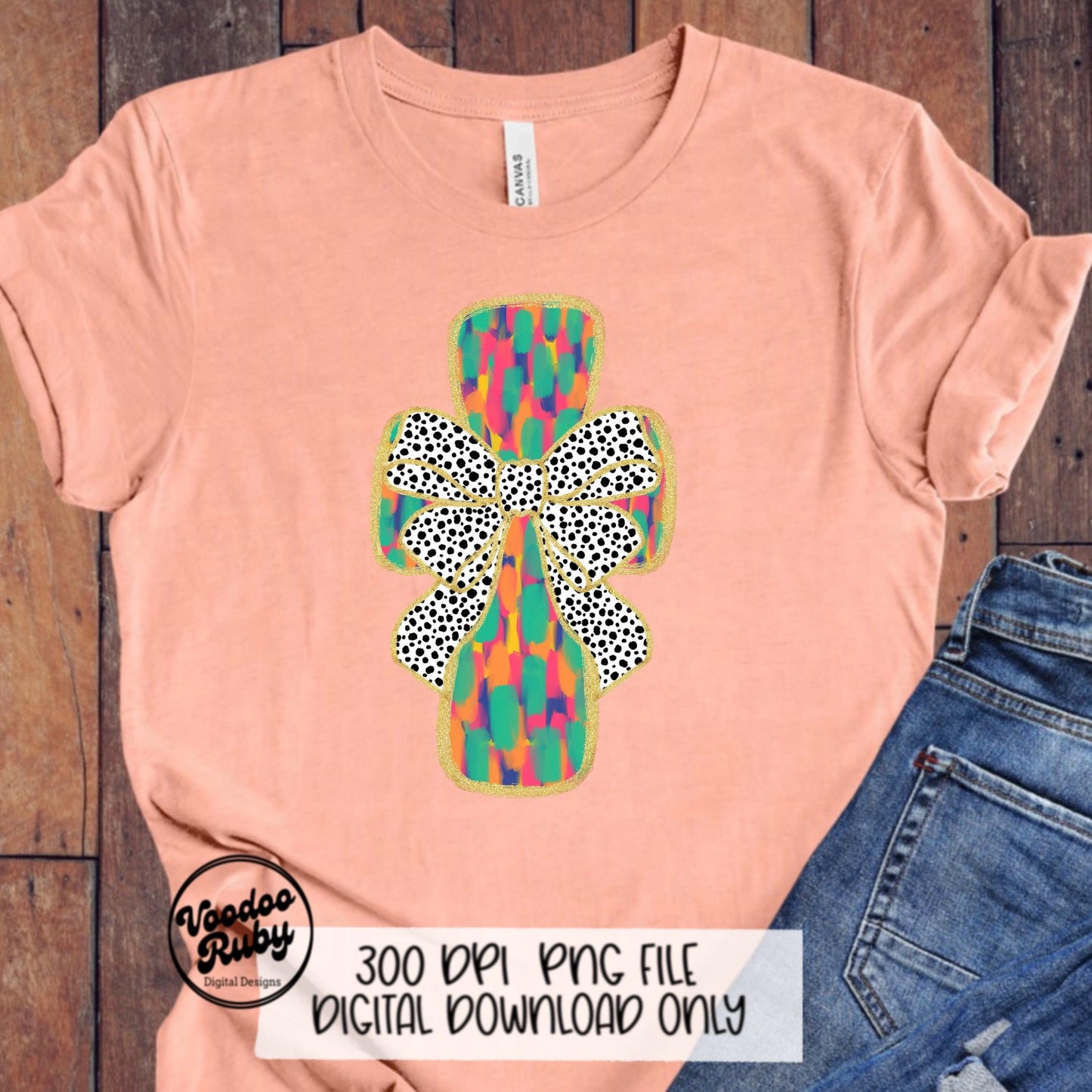 Easter Cross Painted PNG Design, Cute Bow Christian Hand Drawn Digital Download, Printable Gold Glitter Jesus Clip Art