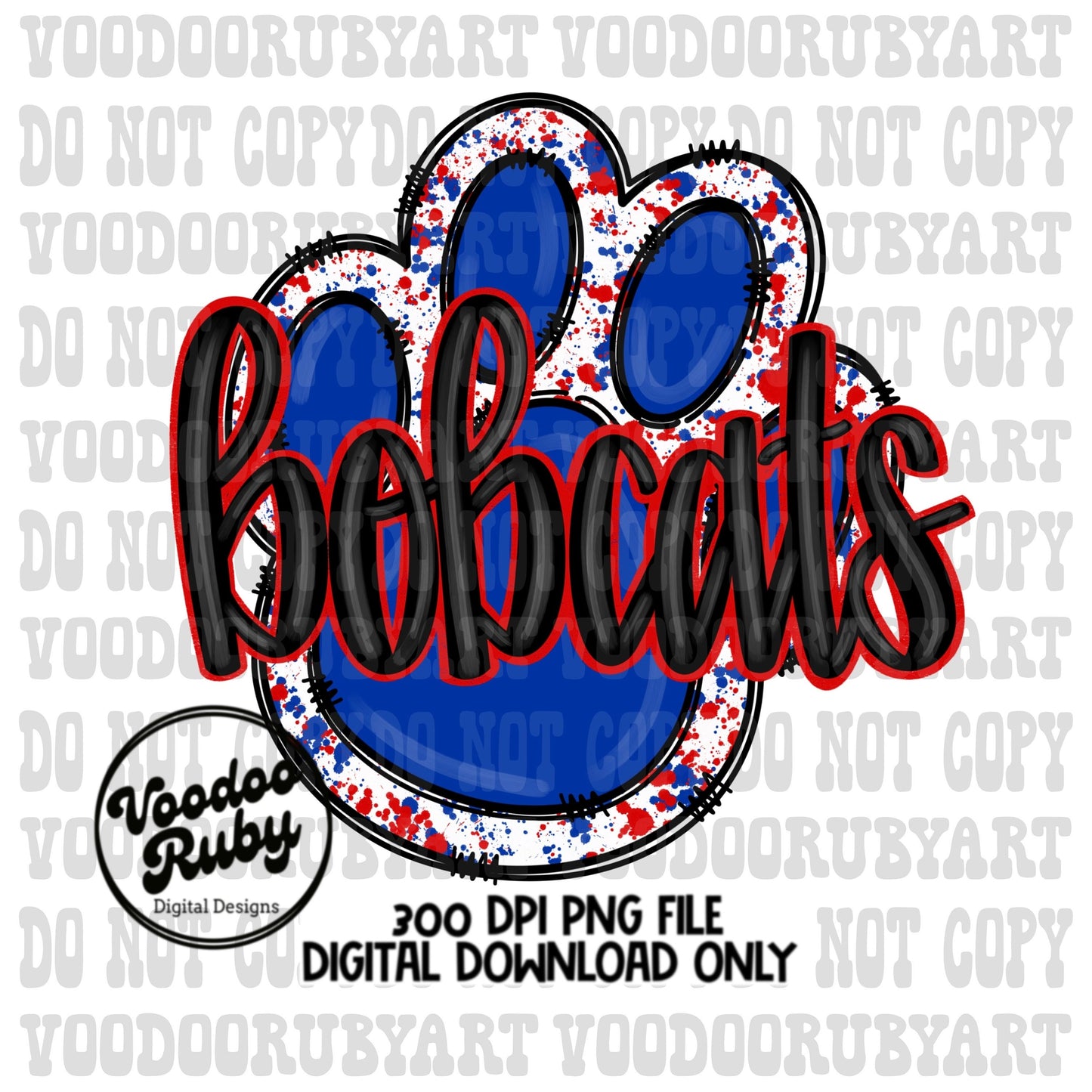 Bobcats Paw Print PNG Sublimation Design Hand Drawn Digital Download Football PNG Blue and Red Paw Print Printable Clip Art