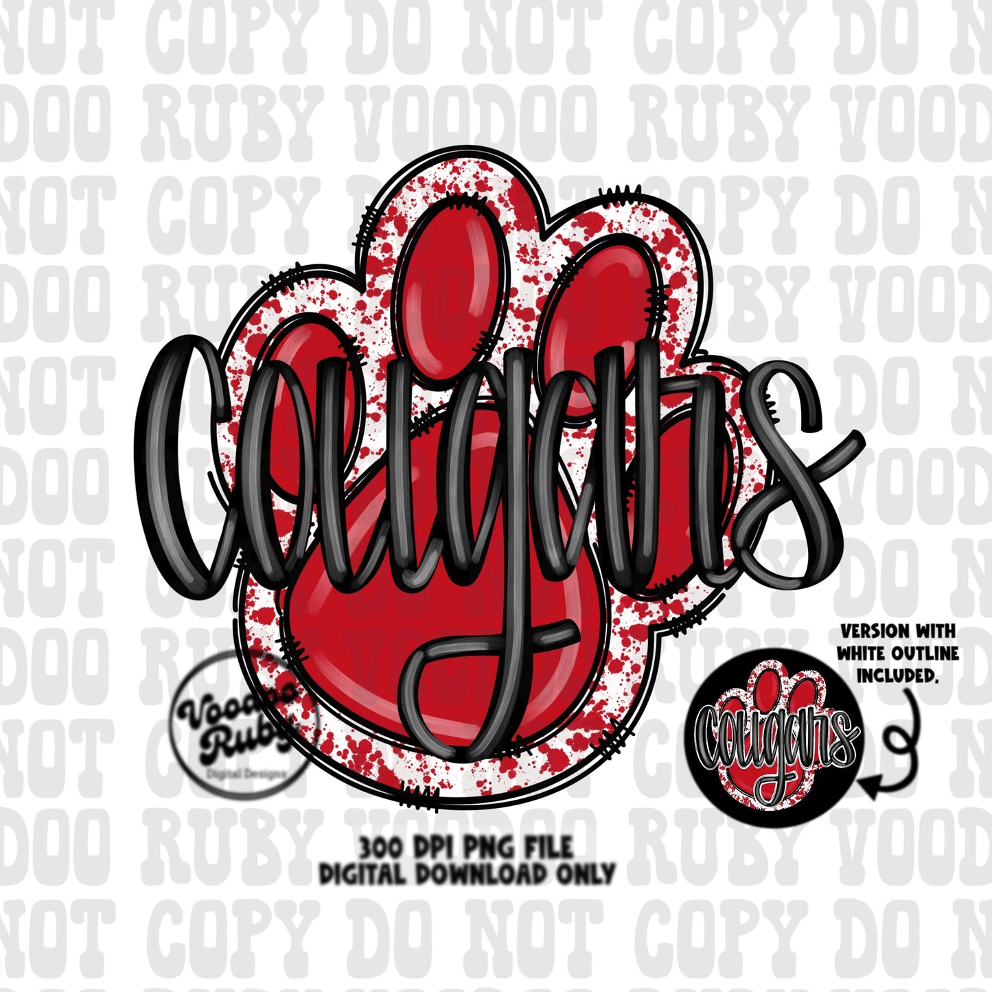 Cougars Paw Print PNG Sublimation Design Hand Drawn Digital Download Football PNG Red Paw Print Mascot png DTF Printable