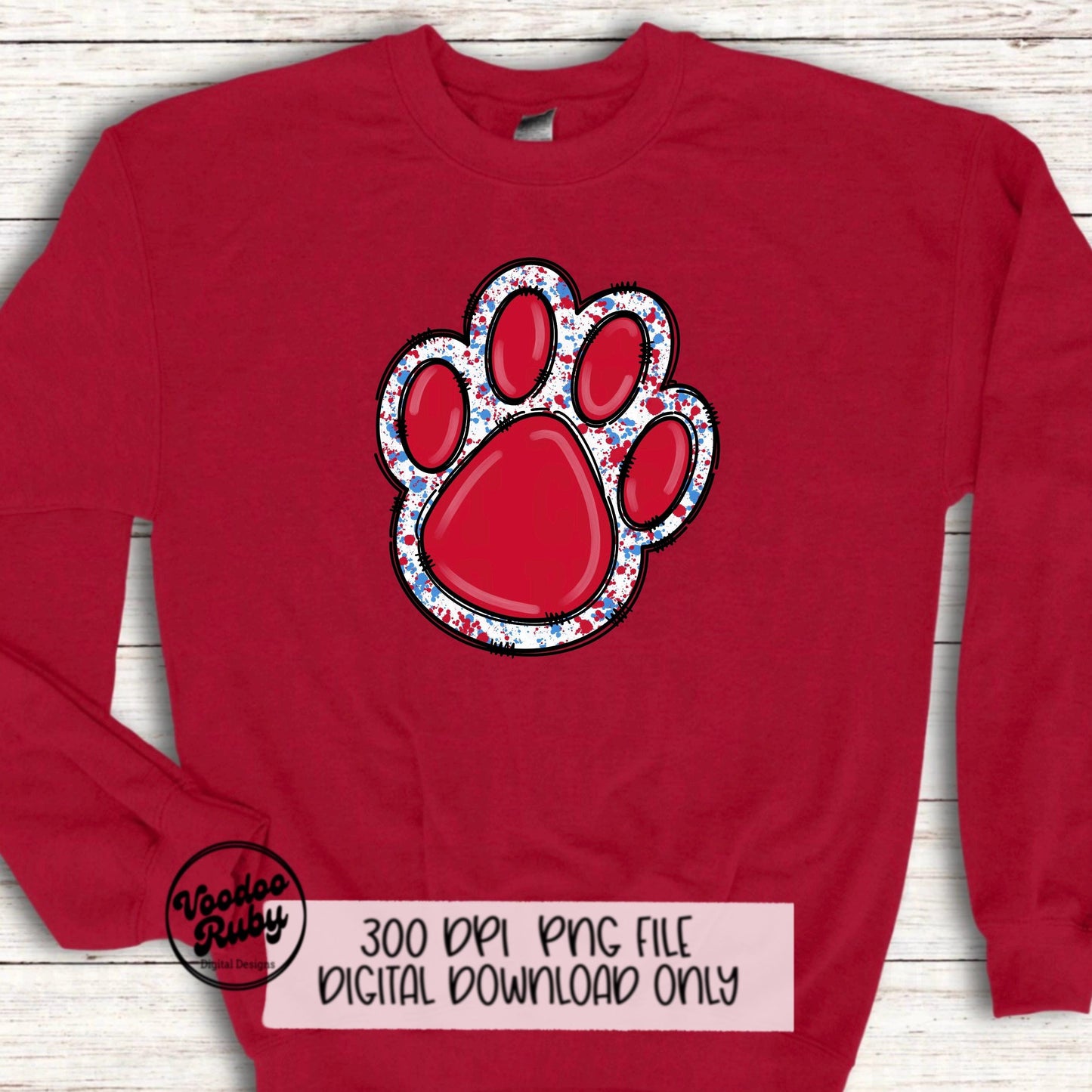 Red and Light Blue Paw Print PNG Sublimation Design Hand Drawn Digital Download Doodle Paw Print Football Mascot DTF Printable Clip Art