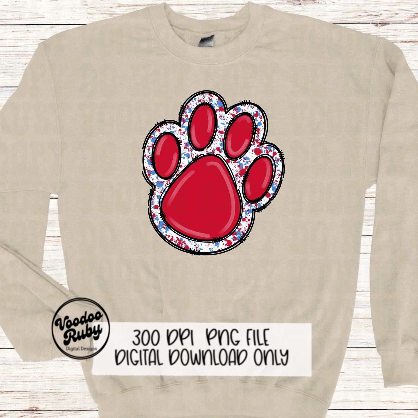 Red and Light Blue Paw Print PNG Sublimation Design Hand Drawn Digital Download Doodle Paw Print Football Mascot DTF Printable Clip Art