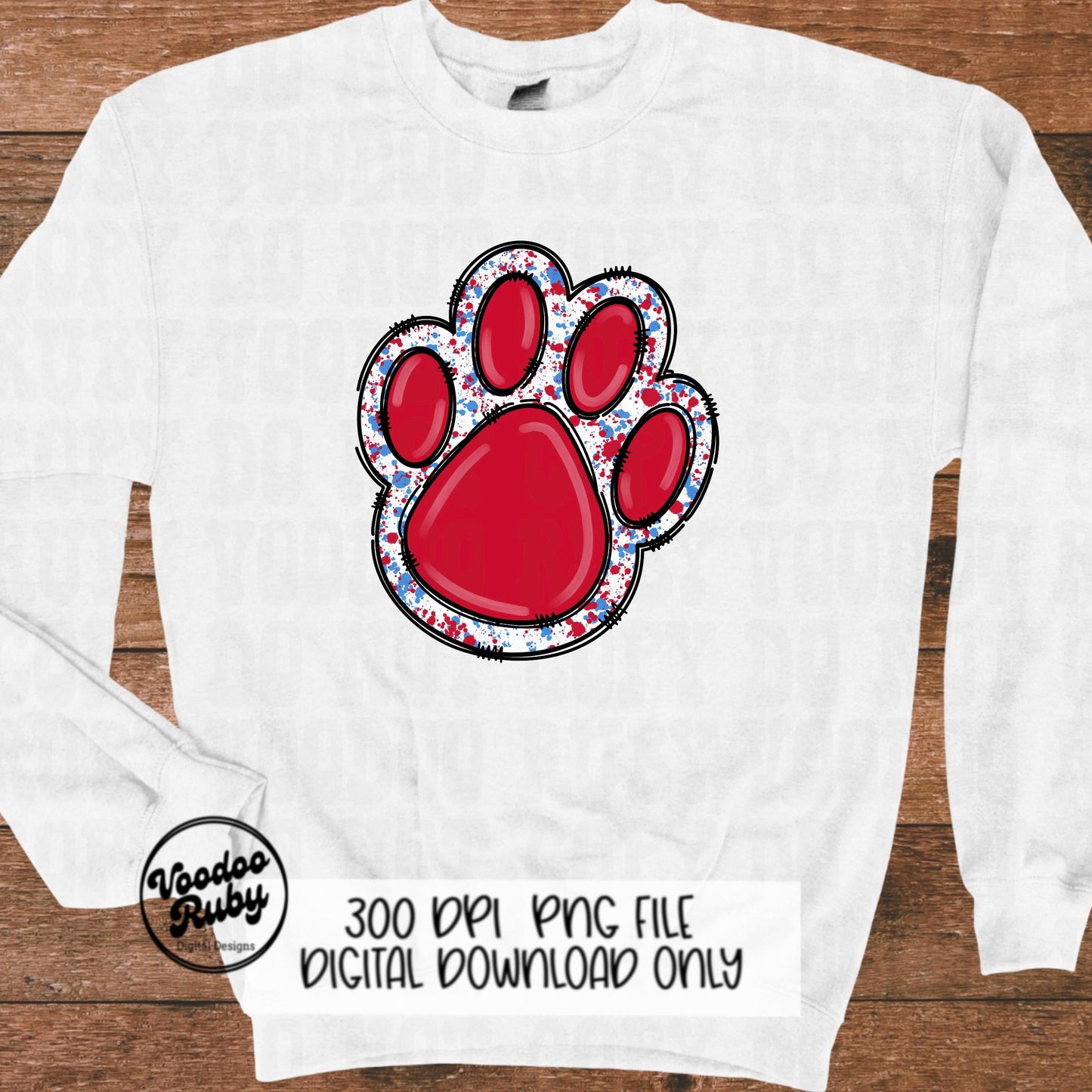 Red and Light Blue Paw Print PNG Sublimation Design Hand Drawn Digital Download Doodle Paw Print Football Mascot DTF Printable Clip Art