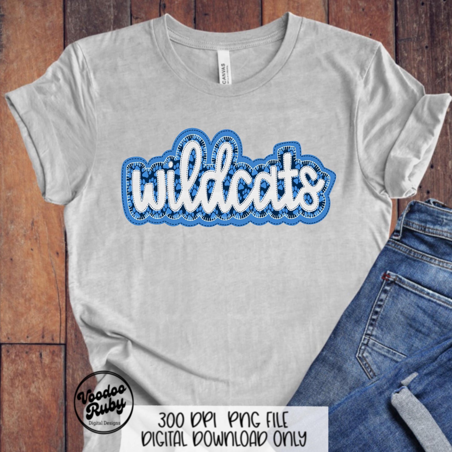 Wildcats PNG Design Embroidery Faux Applique Hand Drawn Digital Download Sublimation Wildcats Mascot PNG Football Blue Wildcats DTF