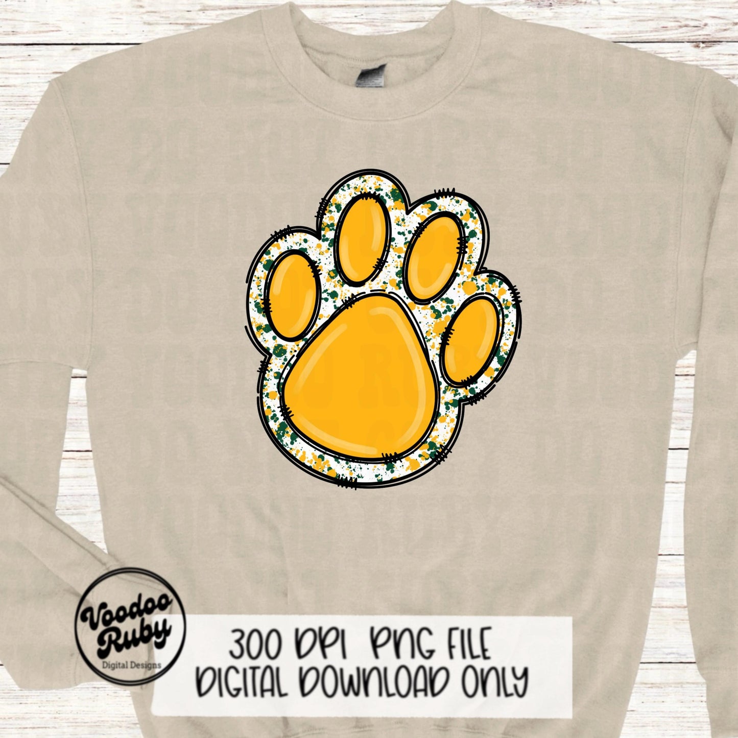 Gold and Green Paw Print PNG Sublimation Design | Hand Drawn Digital Download | Doodle Clip Art | Printable