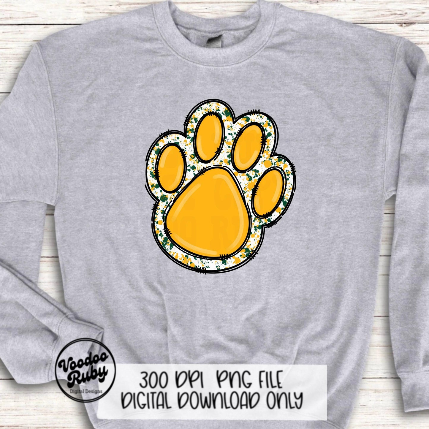 Gold and Green Paw Print PNG Sublimation Design | Hand Drawn Digital Download | Doodle Clip Art | Printable
