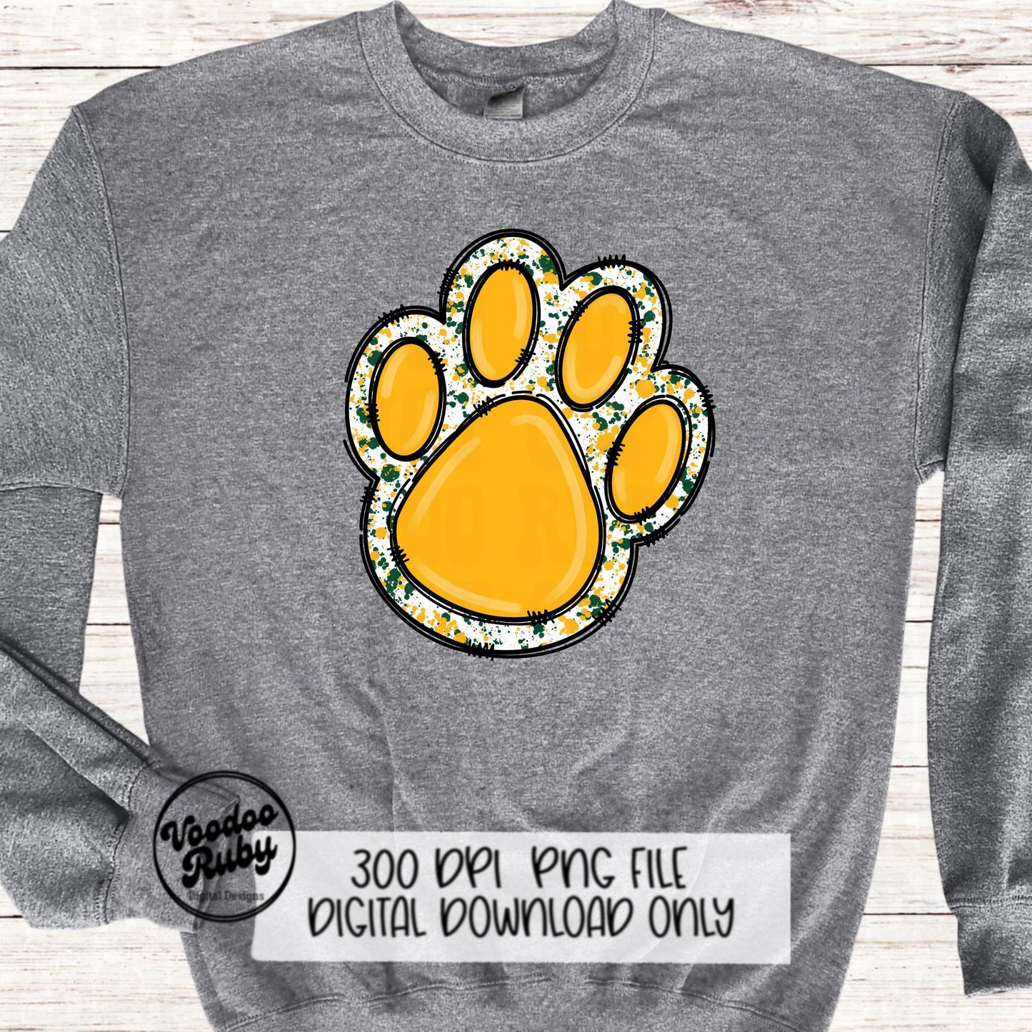Gold and Green Paw Print PNG Sublimation Design | Hand Drawn Digital Download | Doodle Clip Art | Printable