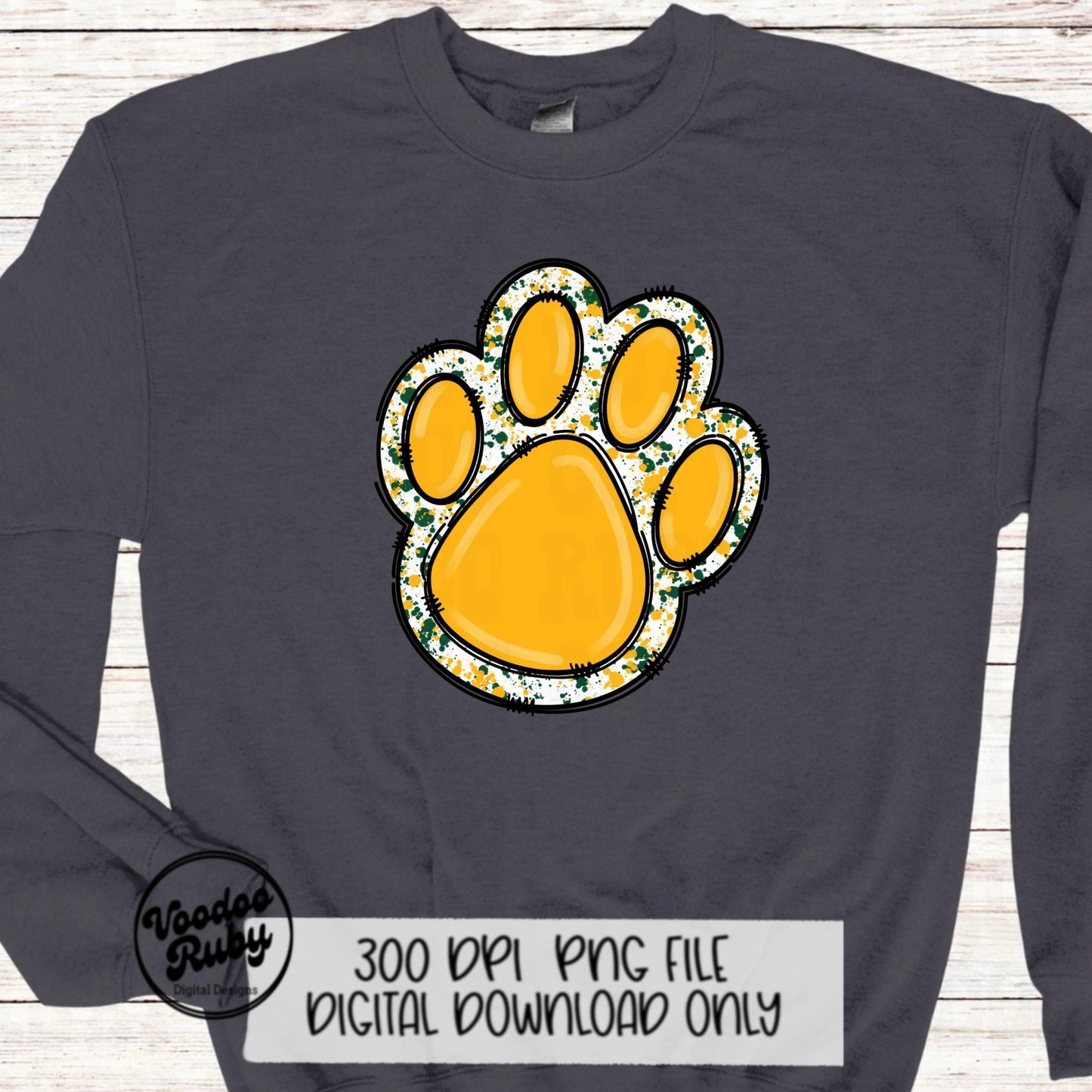 Gold and Green Paw Print PNG Sublimation Design | Hand Drawn Digital Download | Doodle Clip Art | Printable