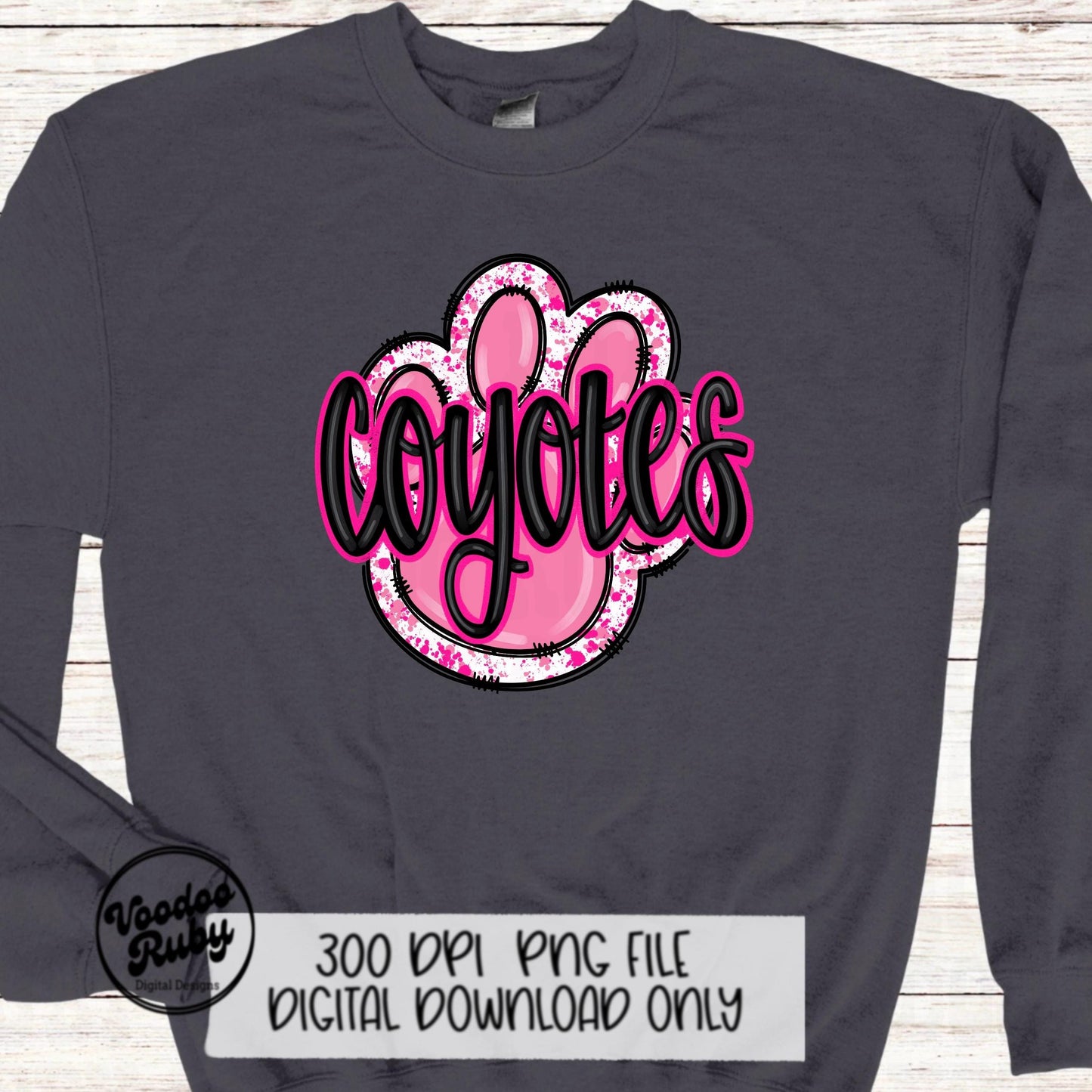 Coyotes PNG Design Sublimation Hand Drawn Digital Download Football PNG Pink Paw Print Coyotes Mascot DTF Printable