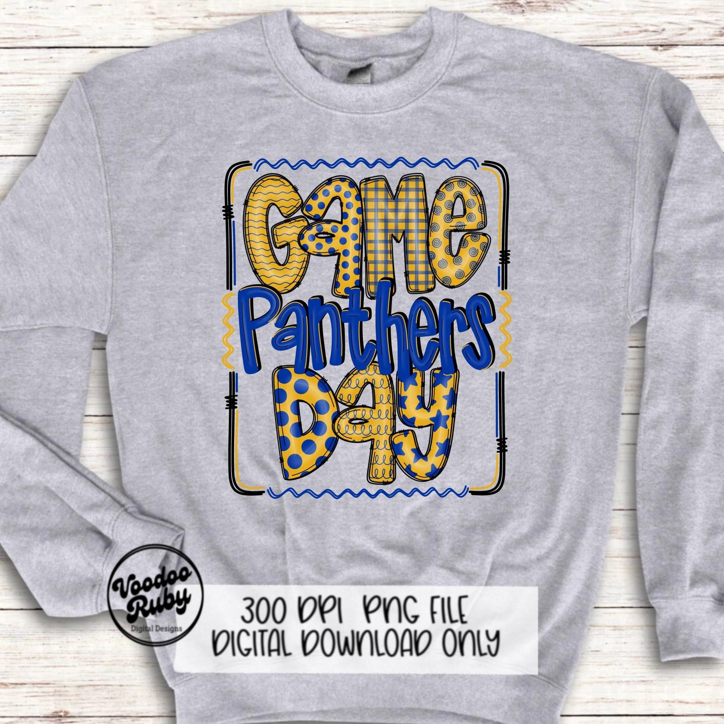 Panthers PNG Design Hand Drawn Digital Download Sublimation Game Day PNG Blue Gold Panthers Game Day Doodle Letters Football DTF Printable