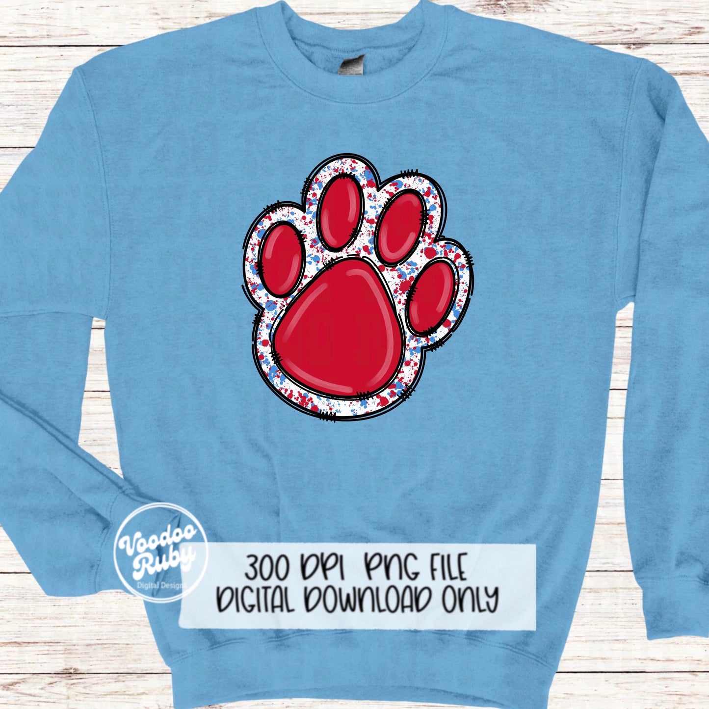 Red and Light Blue Paw Print PNG Sublimation Design Hand Drawn Digital Download Doodle Paw Print Football Mascot DTF Printable Clip Art