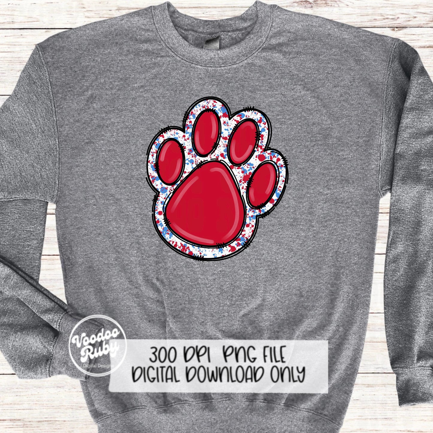 Red and Light Blue Paw Print PNG Sublimation Design Hand Drawn Digital Download Doodle Paw Print Football Mascot DTF Printable Clip Art