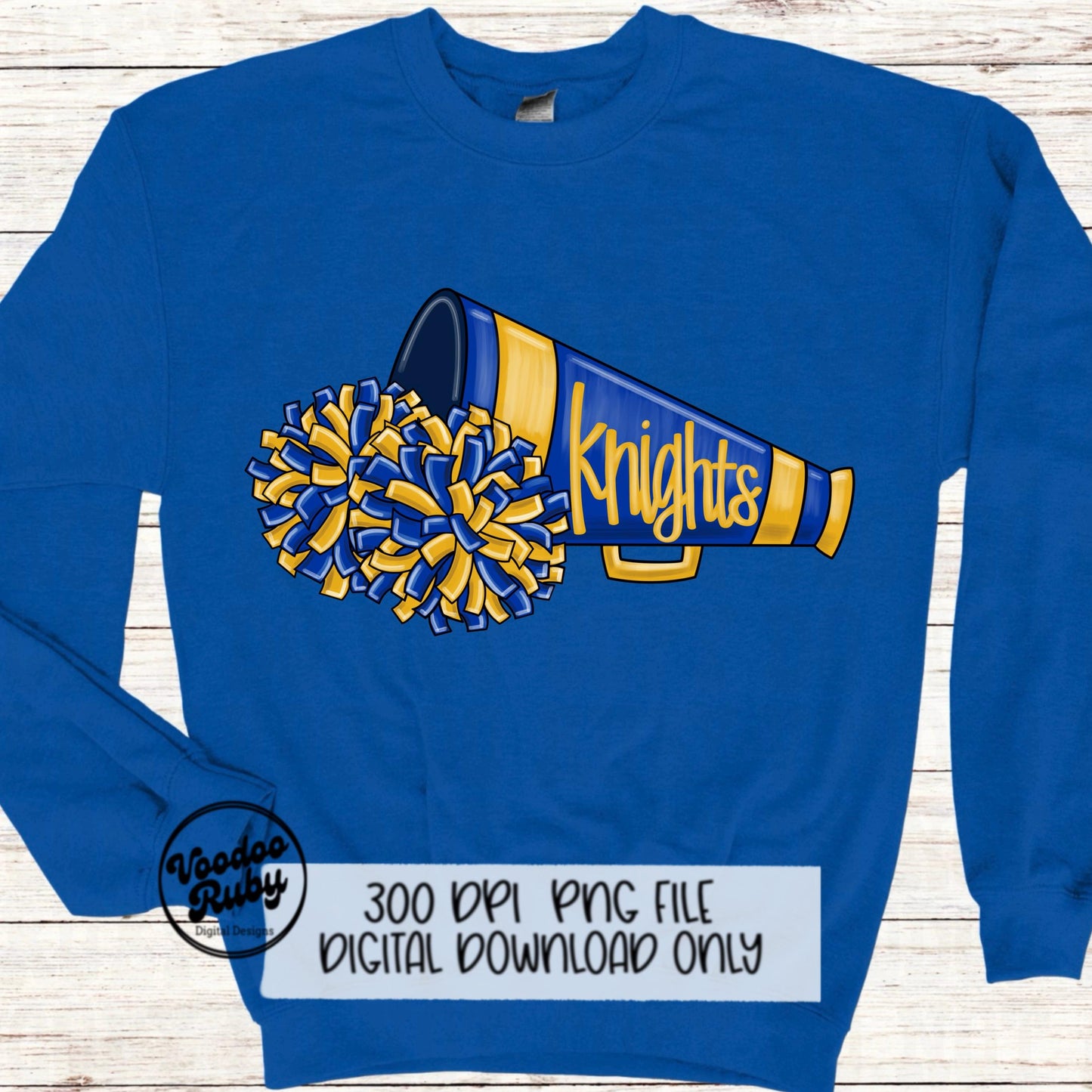 Knights Cheer PNG Sublimation Design Hand Drawn Digital Download Football PNG Blue Gold Knights png Cheerleader Clip Art Megaphone DTF