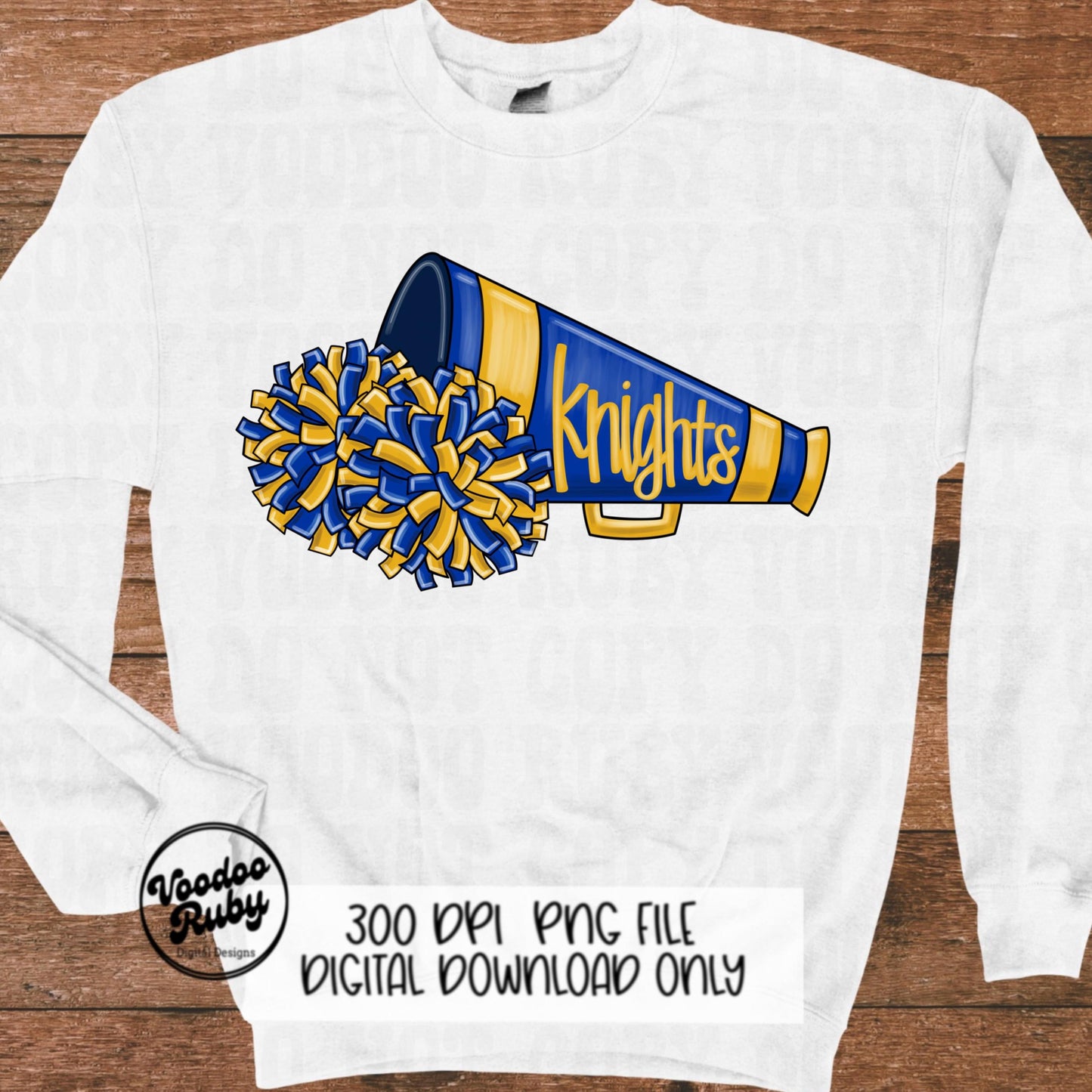 Knights Cheer PNG Sublimation Design Hand Drawn Digital Download Football PNG Blue Gold Knights png Cheerleader Clip Art Megaphone DTF