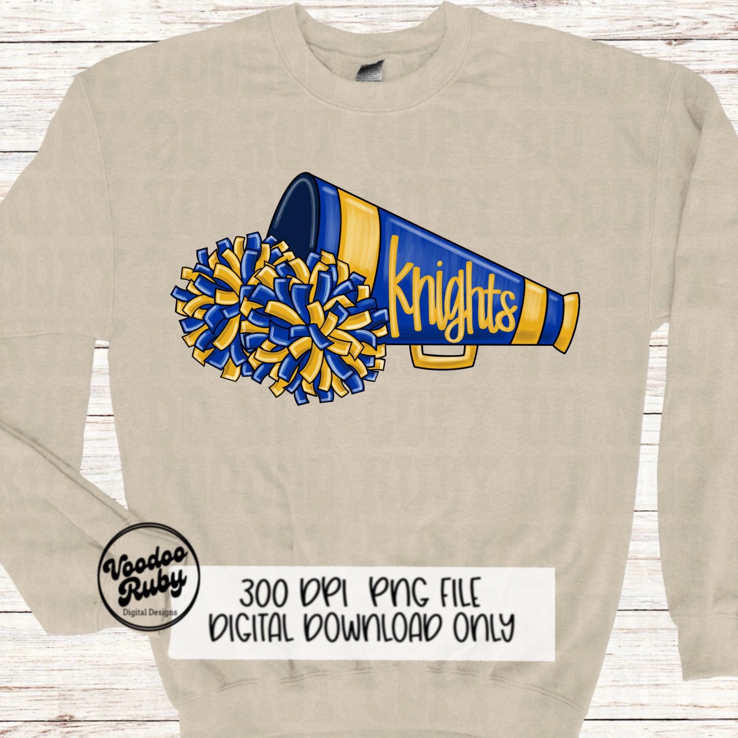 Knights Cheer PNG Sublimation Design Hand Drawn Digital Download Football PNG Blue Gold Knights png Cheerleader Clip Art Megaphone DTF