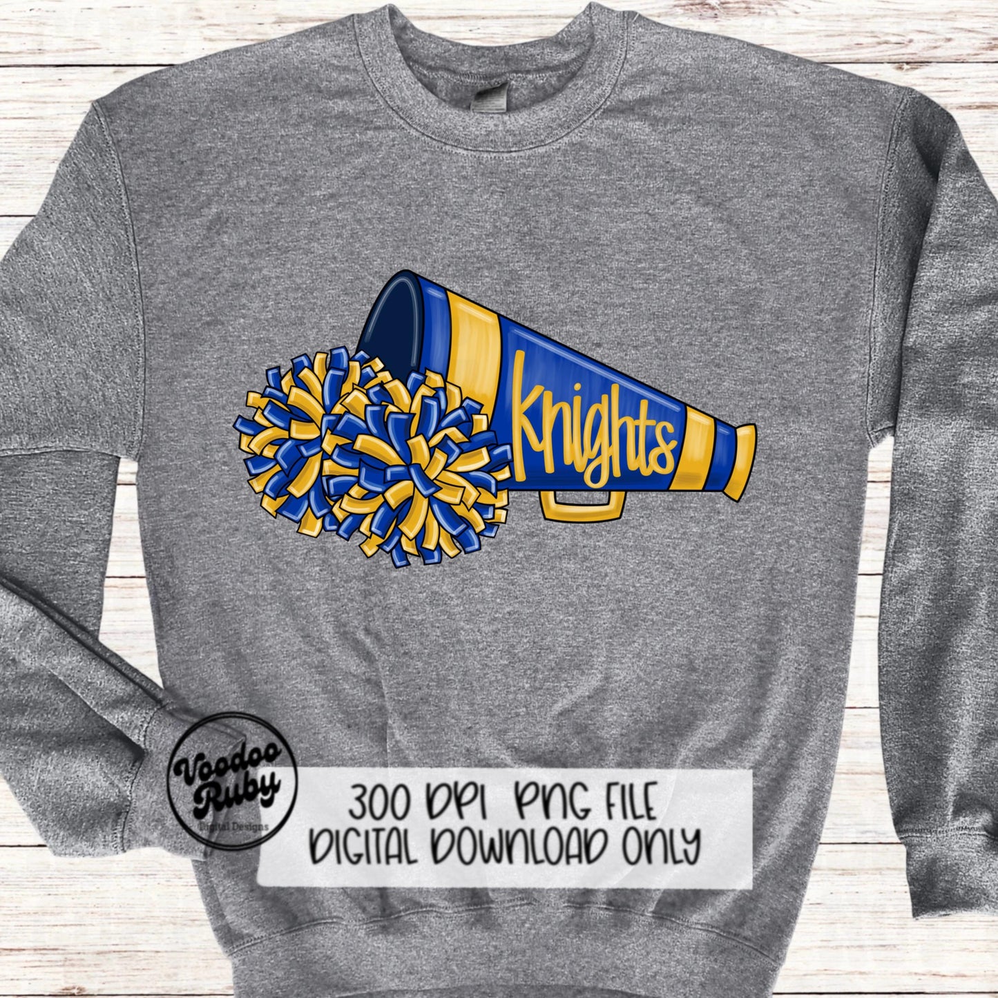 Knights Cheer PNG Sublimation Design Hand Drawn Digital Download Football PNG Blue Gold Knights png Cheerleader Clip Art Megaphone DTF