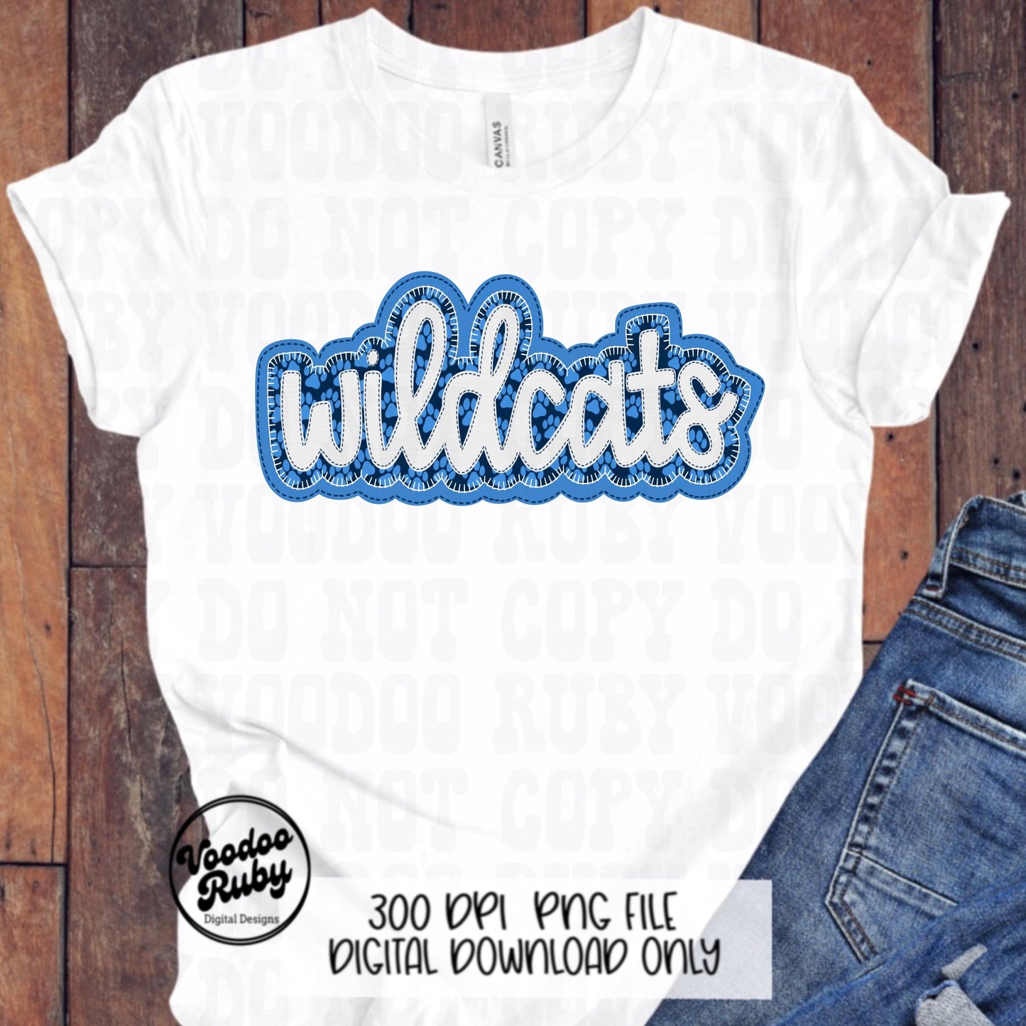 Wildcats PNG Design Embroidery Faux Applique Hand Drawn Digital Download Sublimation Wildcats Mascot PNG Football Blue Wildcats DTF