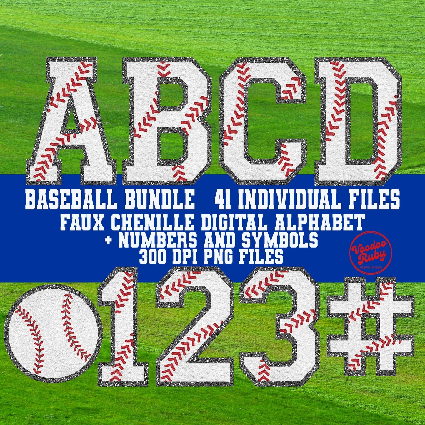 May include: Baseball themed faux chenille digital alphabet and numbers. The letters and numbers are white with red stitching and a glittery texture. The letters A, B, C, D, 0, 1, 2, 3, and the number sign are shown. The text reads 'Baseball Bundle 41 Individual Files Faux Chenille Digital Alphabet + Numbers and Symbols 300 DPI PNG Files Voodoo Ruby'.