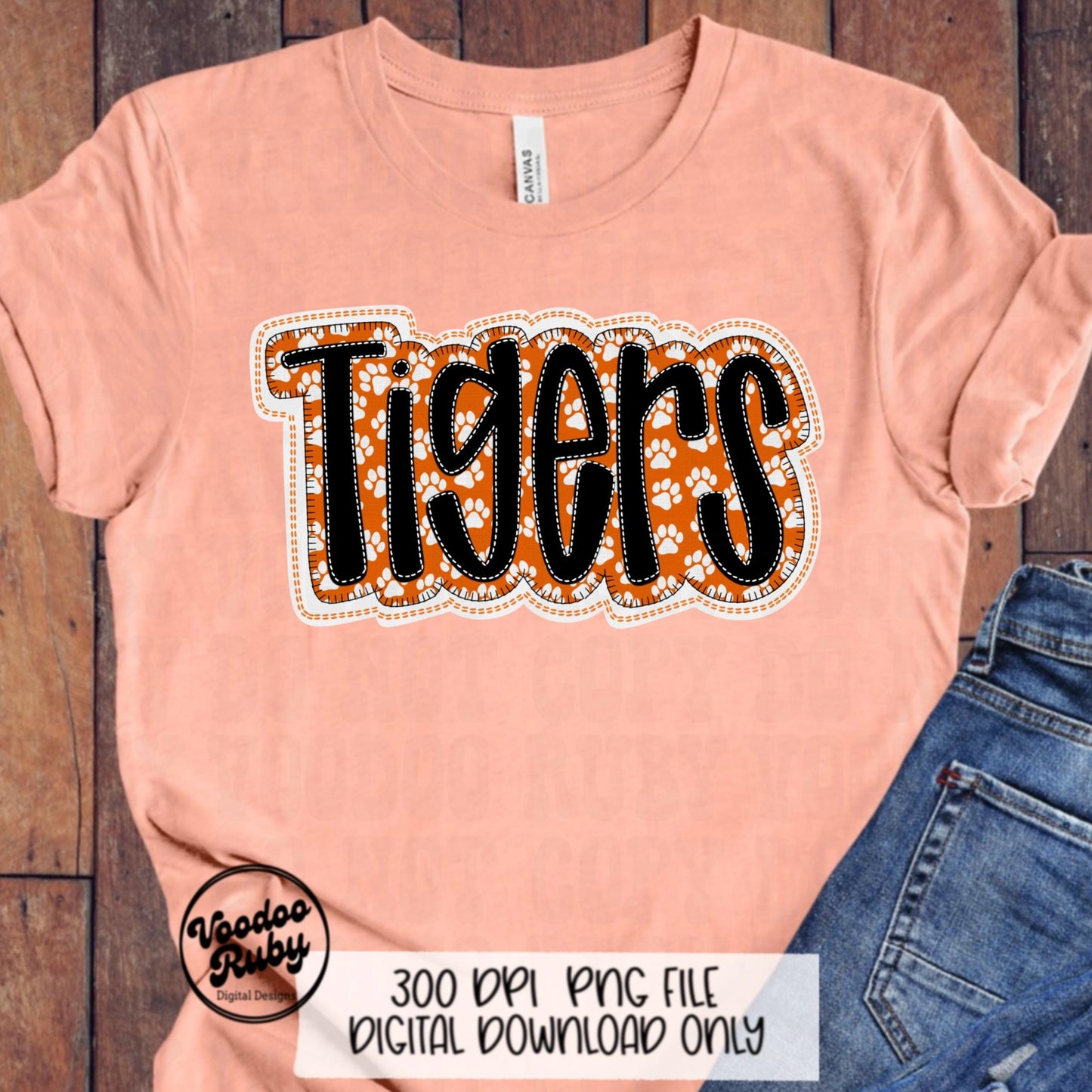 Tigers PNG Design Faux Embroidery Sublimation Hand Drawn Digital Download Orange White Tigers PNG Football png Mascot DTF Printable