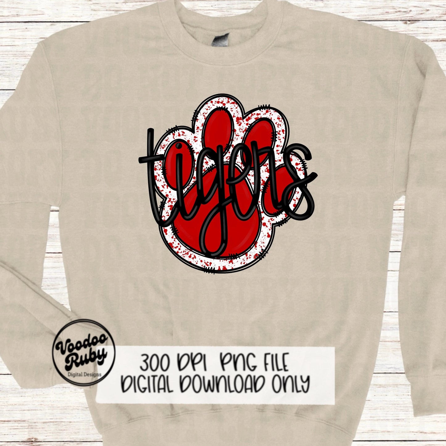 Tigers PNG Design Sublimation Hand Drawn Digital Download Football PNG Red Tigers Paw Print Tigers Football DTF Printable
