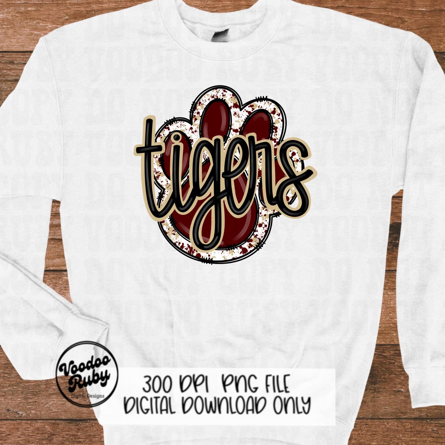 Tigers PNG Design Sublimation Hand Drawn Digital Download Football PNG Paw Print Mascot Maroon Gold Football DTF Printable
