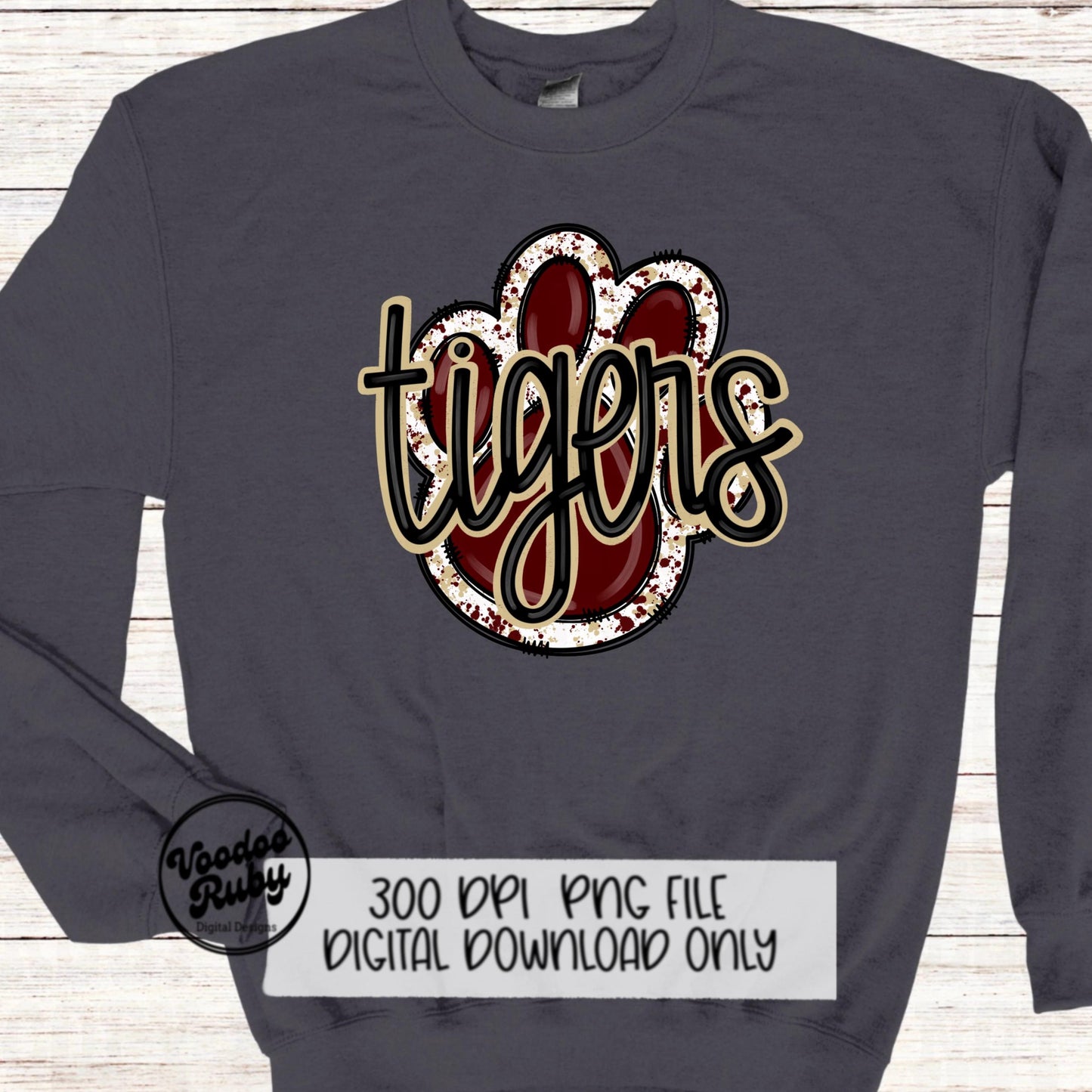 Tigers PNG Design Sublimation Hand Drawn Digital Download Football PNG Paw Print Mascot Maroon Gold Football DTF Printable
