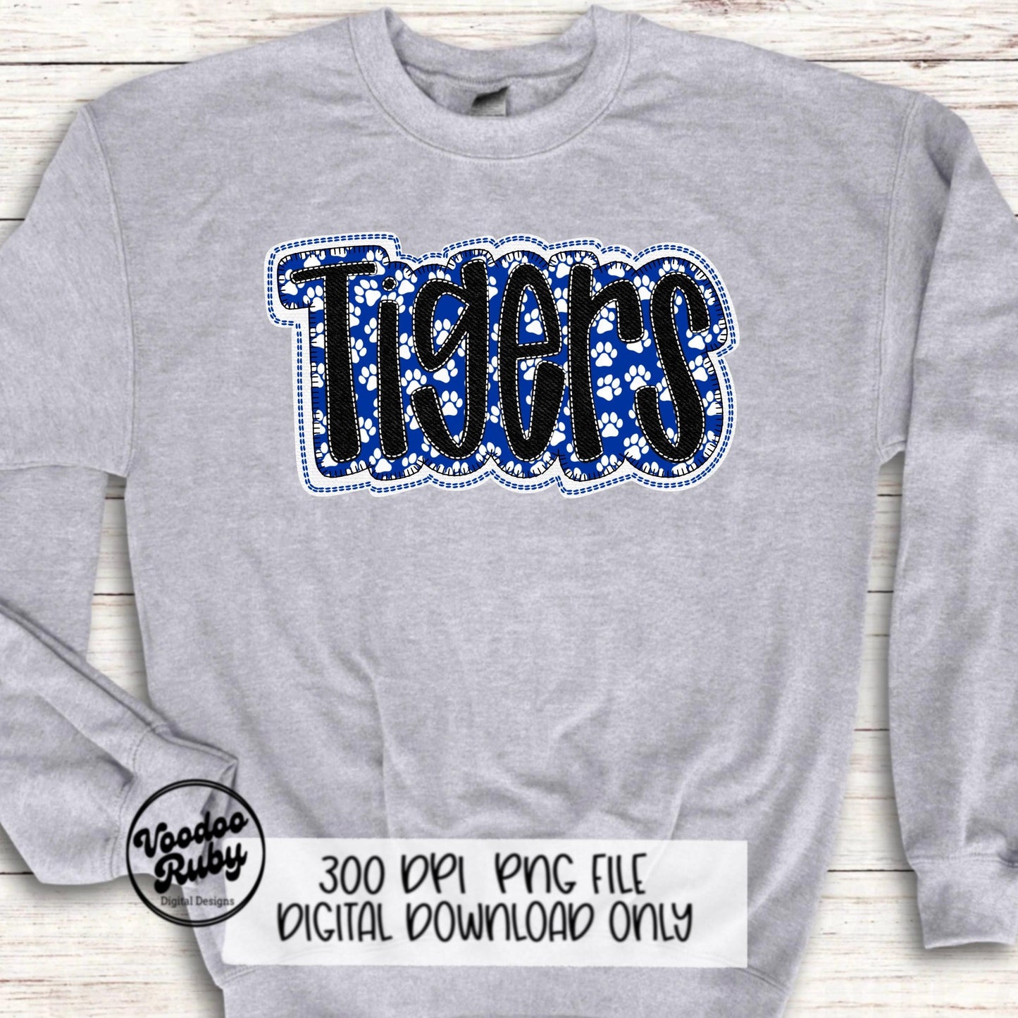 Tigers PNG Design Faux Embroidery Sublimation Hand Drawn Digital Download Blue White Tigers PNG Football png Mascot DTF Printable