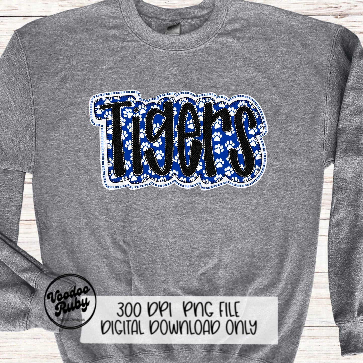 Tigers PNG Design Faux Embroidery Sublimation Hand Drawn Digital Download Blue White Tigers PNG Football png Mascot DTF Printable