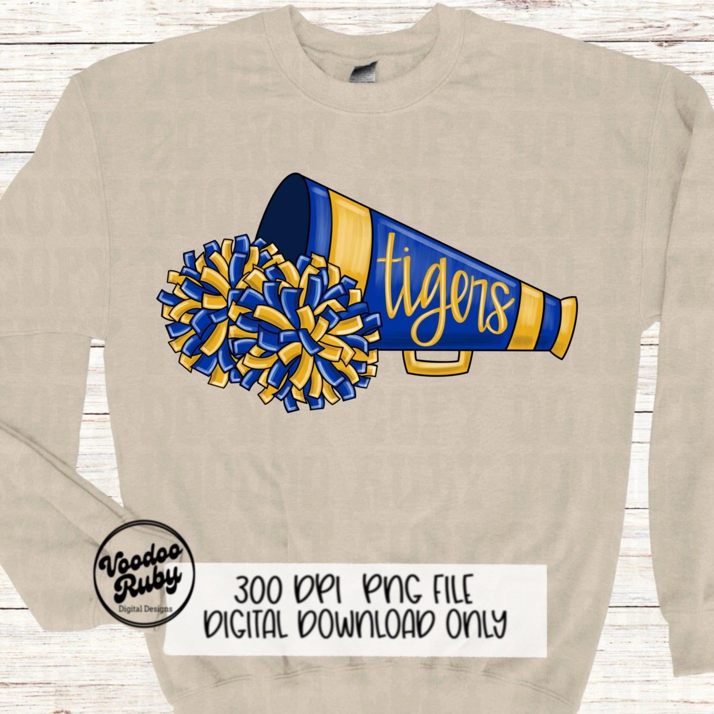 Blue and Yellow Gold Tigers Cheer PNG Design Sublimation Hand Drawn Digital Download Football PNG Cheerleader DTF Printable Clip Art