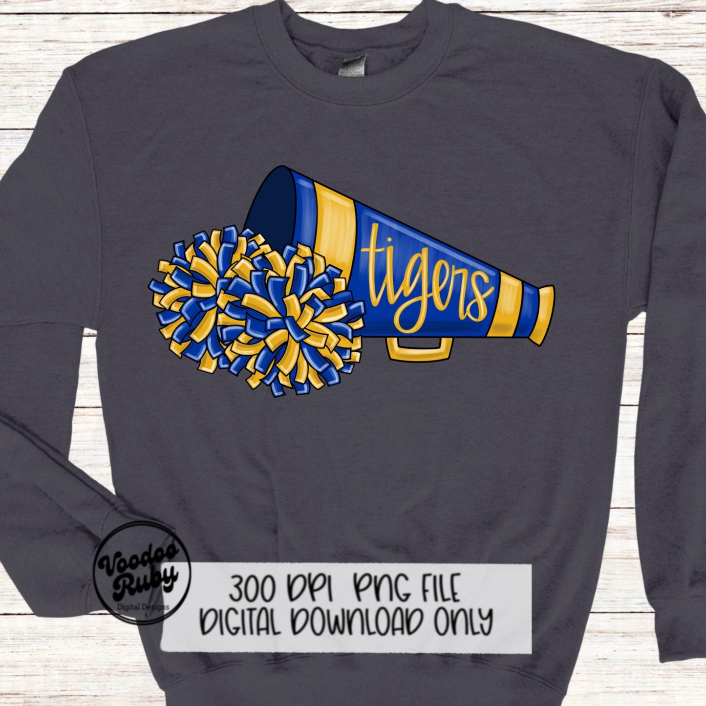 Blue and Yellow Gold Tigers Cheer PNG Design Sublimation Hand Drawn Digital Download Football PNG Cheerleader DTF Printable Clip Art