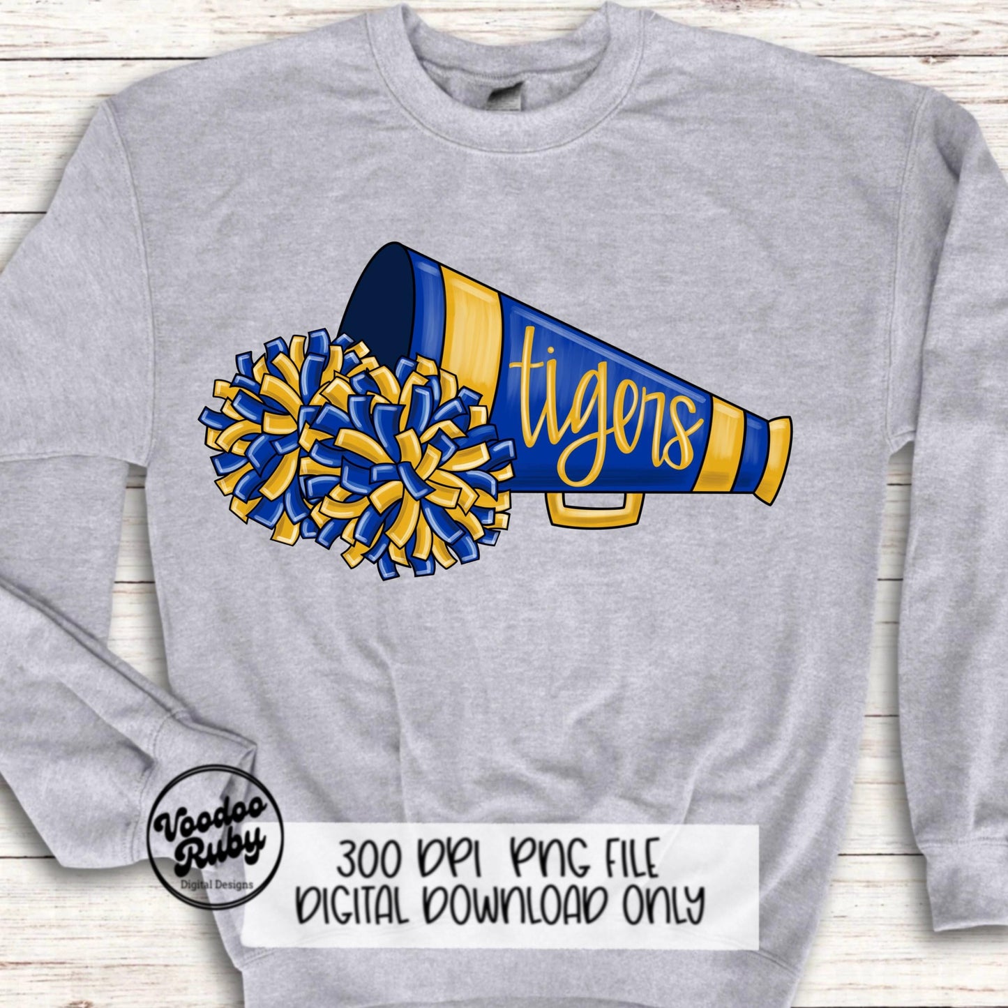 Blue and Yellow Gold Tigers Cheer PNG Design Sublimation Hand Drawn Digital Download Football PNG Cheerleader DTF Printable Clip Art